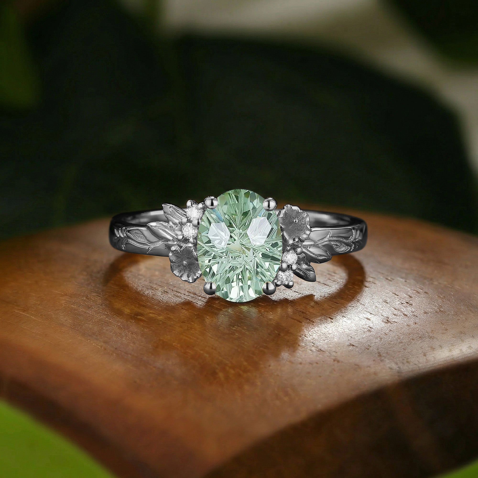 Floral Oval Cut Green Sapphire Flower Engraved Branch Engagement Ring - Charlotte