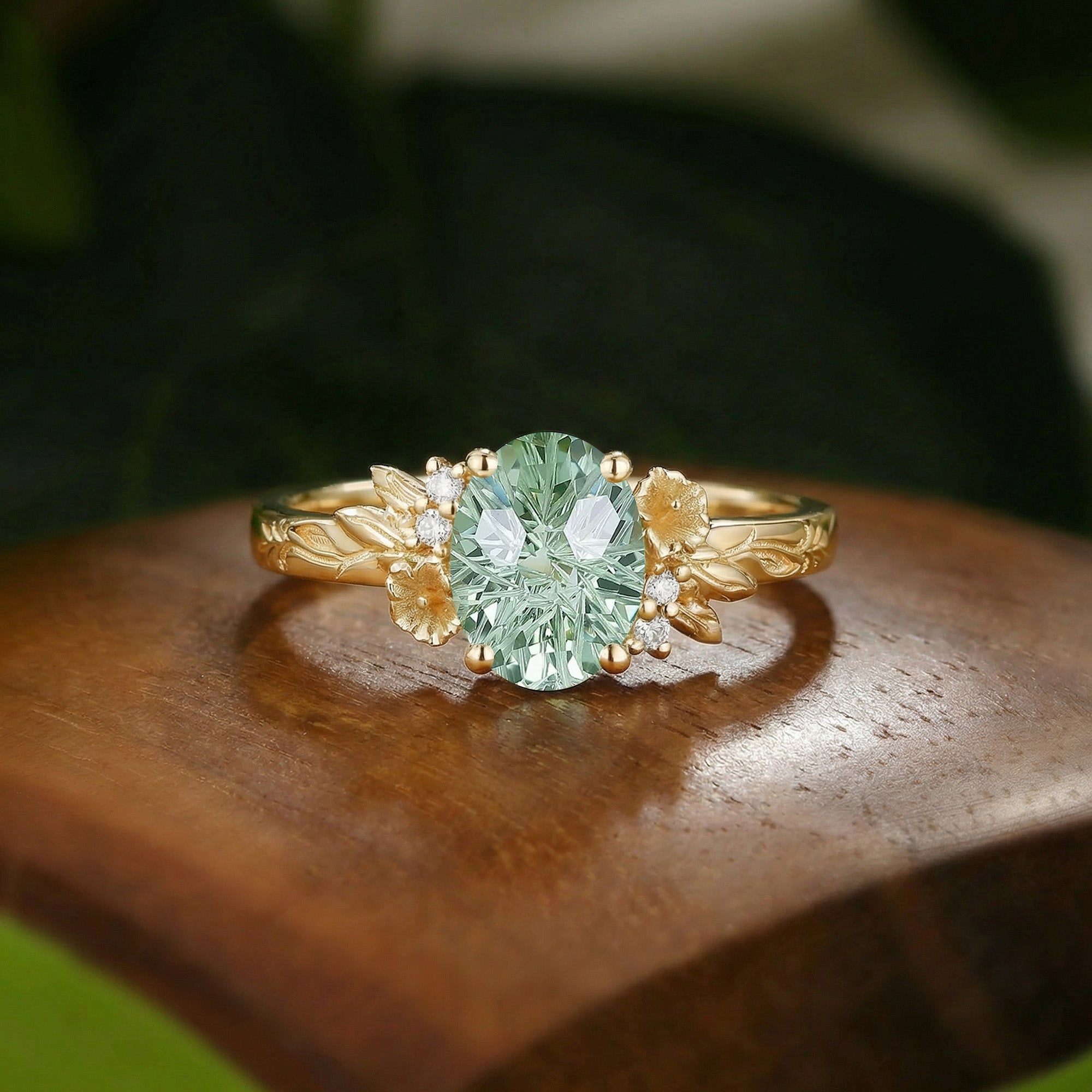 Floral Oval Cut Green Sapphire Flower Engraved Branch Engagement Ring - Charlotte