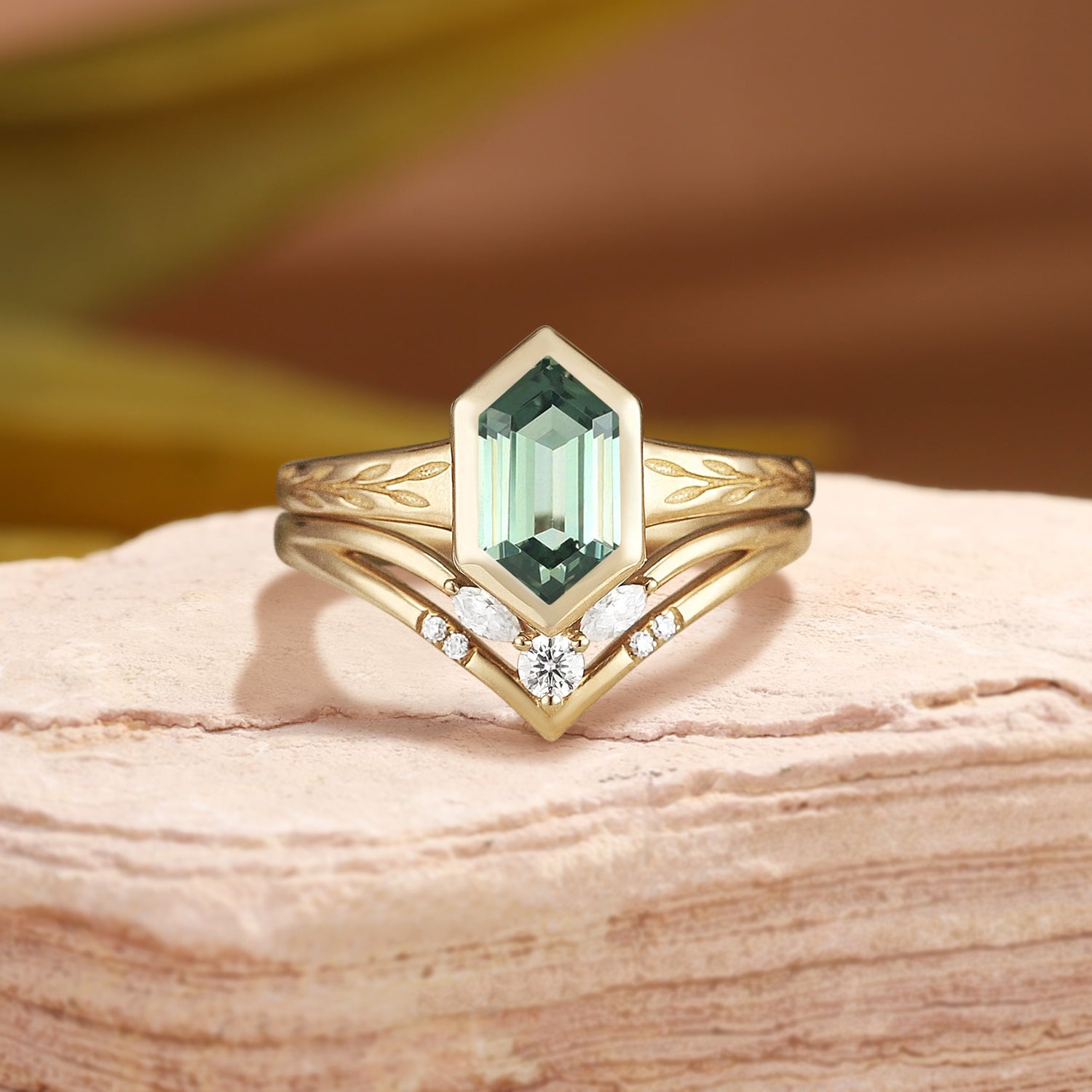 Green Sapphire Hexagon Cut Leaf Engraved Promise Ring Sets - Ruelle