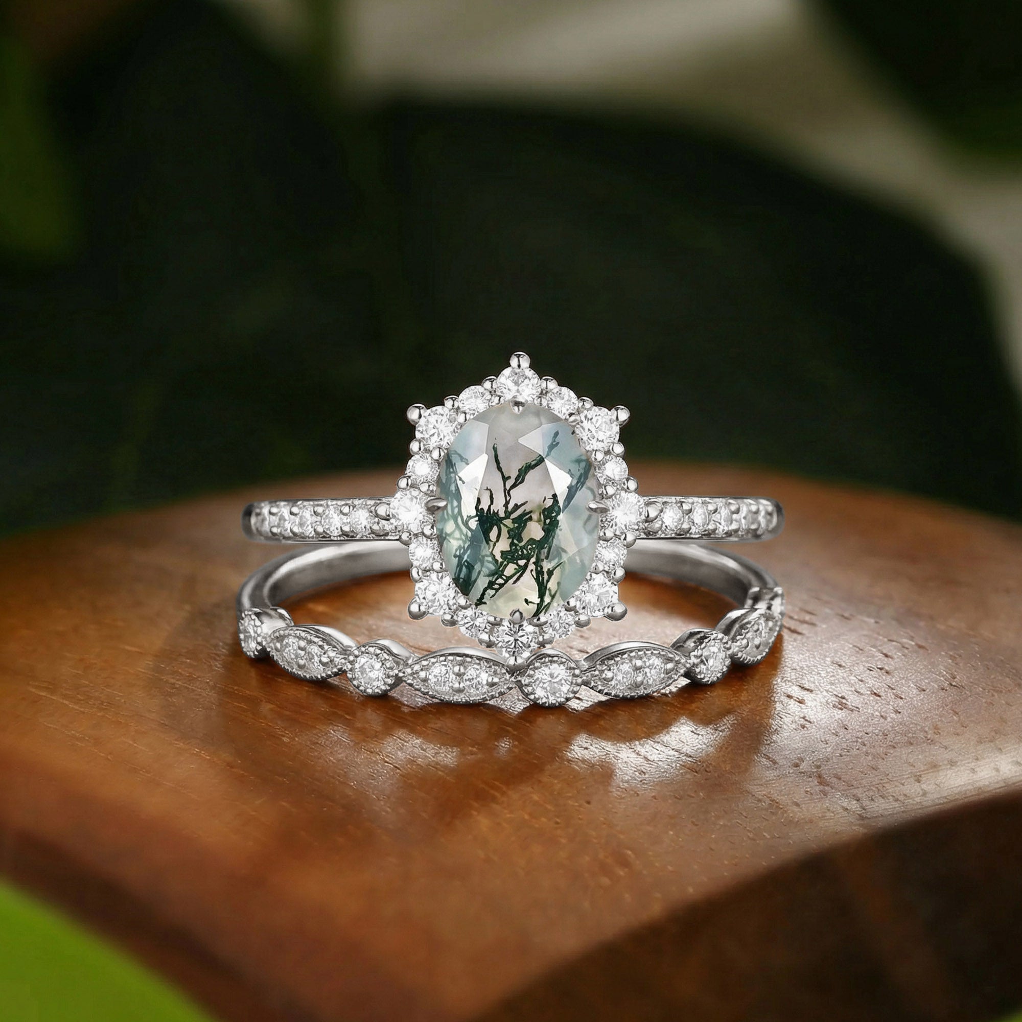 Vintage Oval Cut Moss Agate Halo Milgrain Bridal Set 2pcs - Perdita