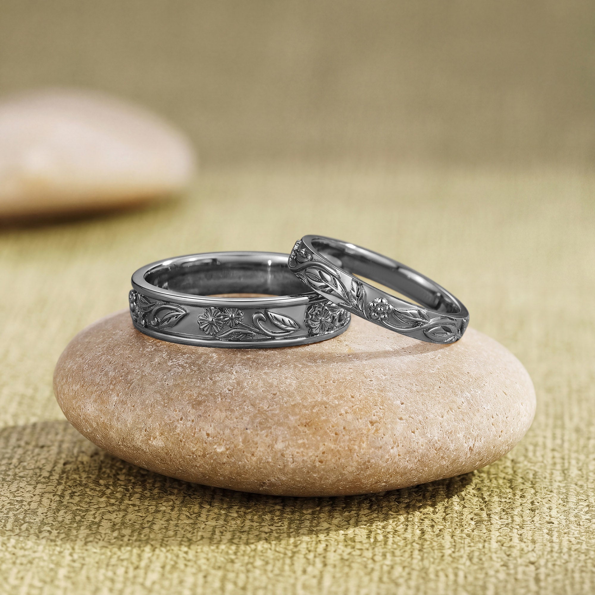 Birth Flower Engraved Leaf Promise Anniversary Couple Rings - Adelina