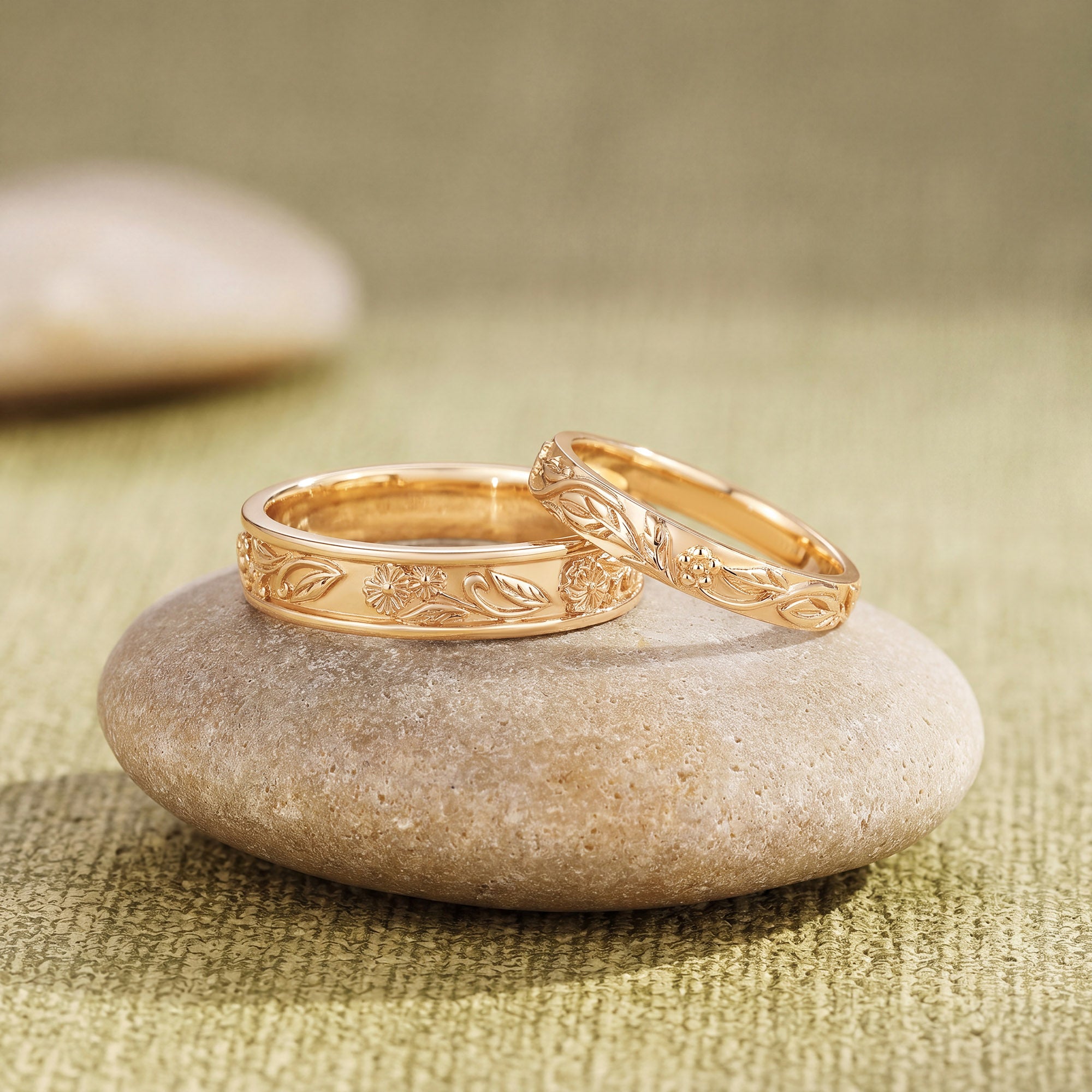 Birth Flower Engraved Leaf Promise Anniversary Couple Rings - Adelina