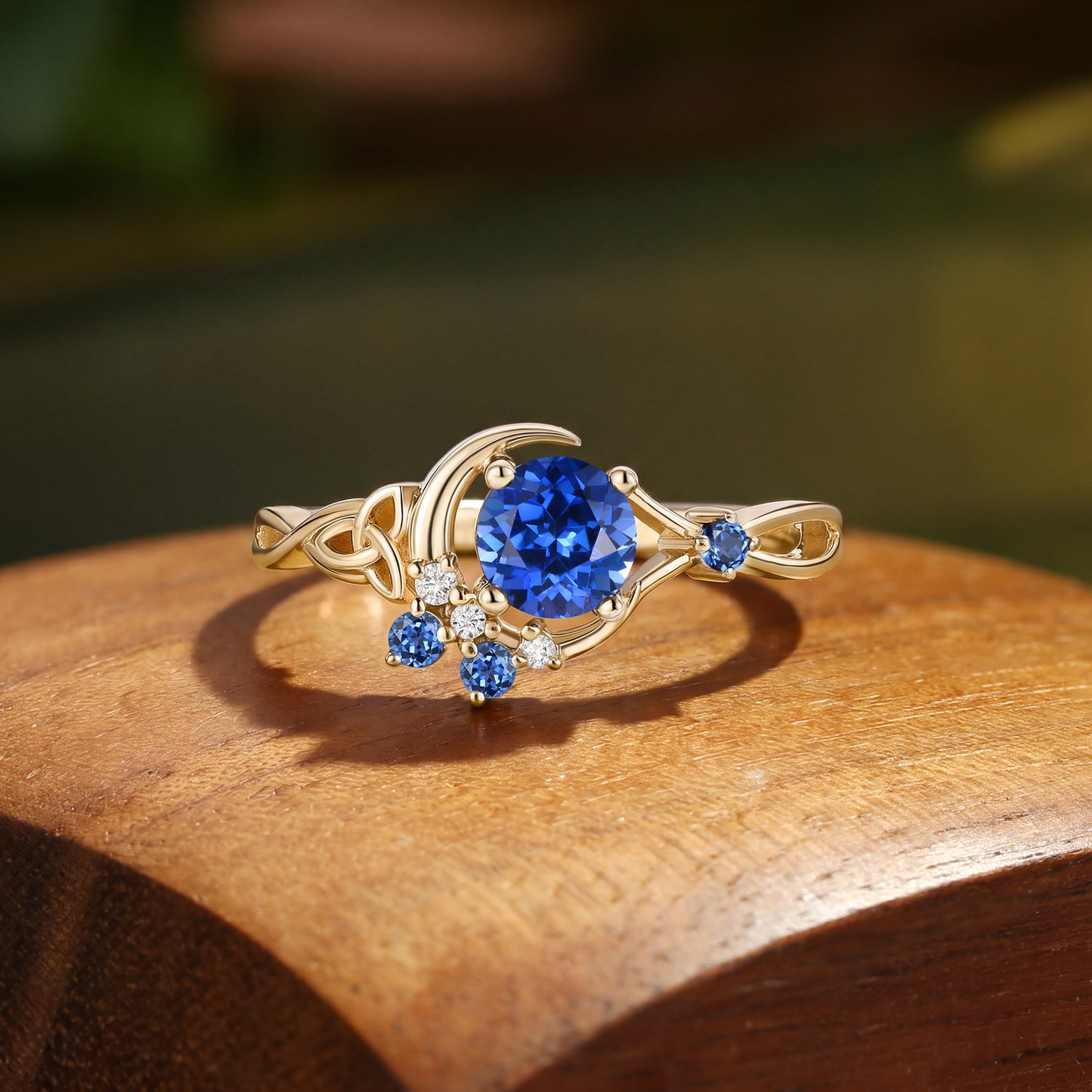 Celtic Knot Crescent Moon Round Cut Sapphire Engagement Ring - Brigid