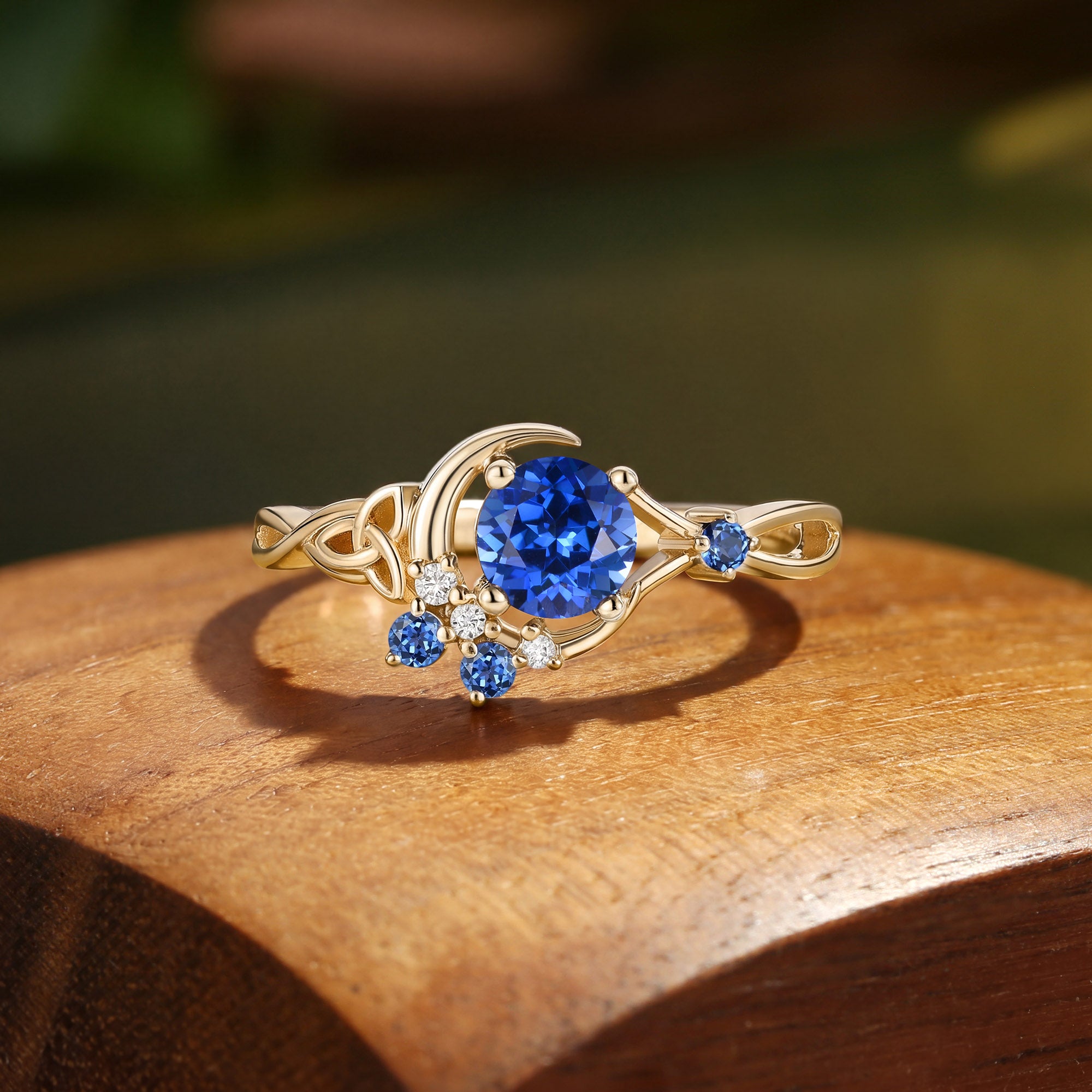 Celtic Knot Crescent Moon Round Cut Sapphire Engagement Ring - Brigid