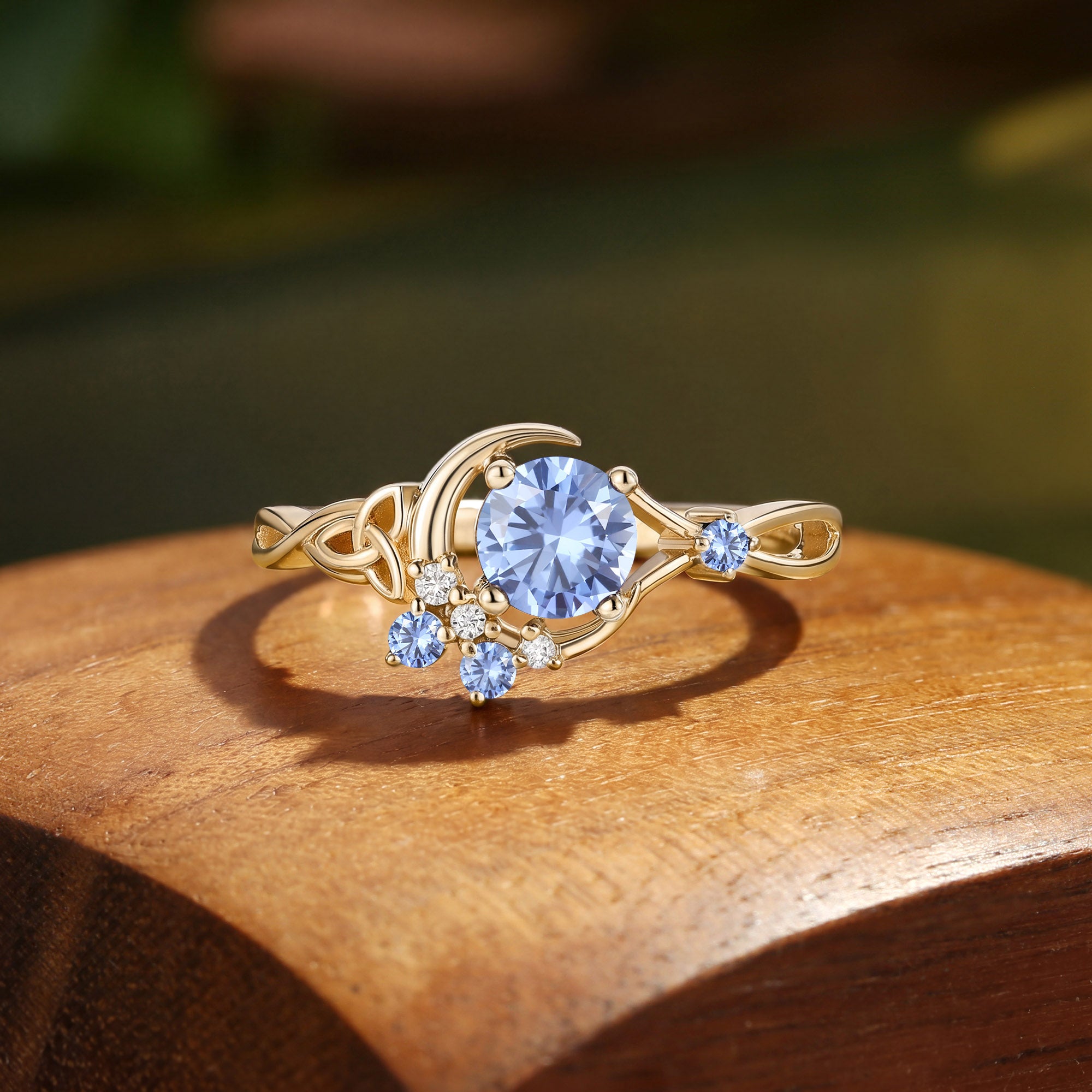 Round Cornflower Sapphire Celtic Knot Moon Engagement Ring - Brigid