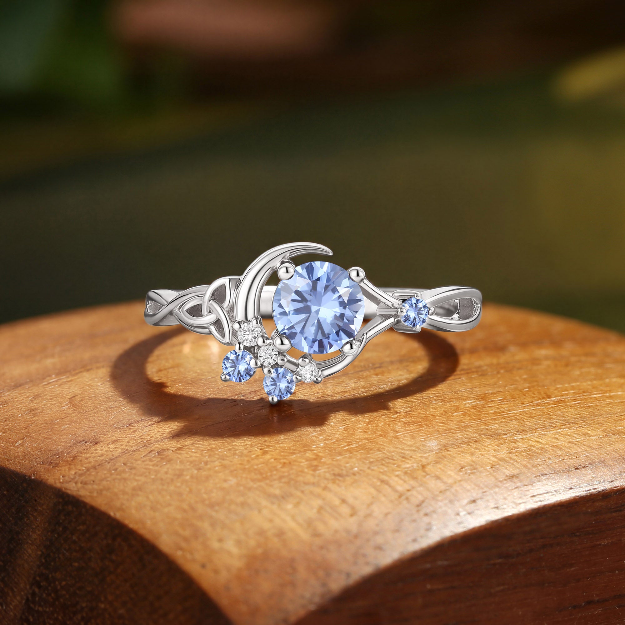 Round Cornflower Sapphire Celtic Knot Moon Engagement Ring - Brigid