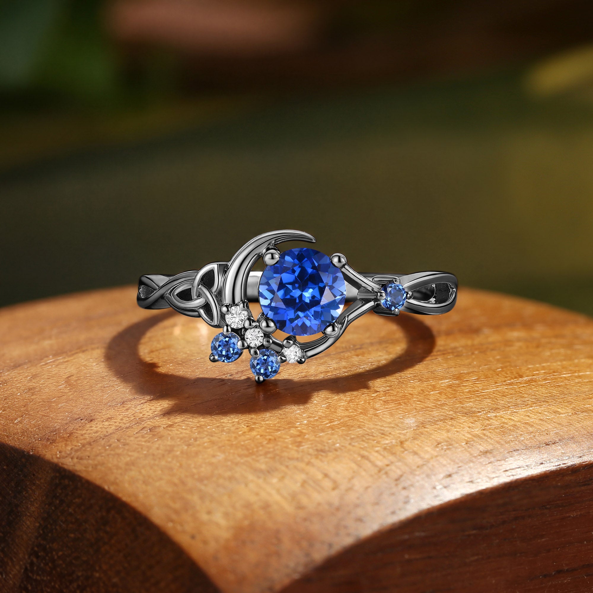 Celtic Knot Crescent Moon Round Cut Sapphire Engagement Ring - Brigid