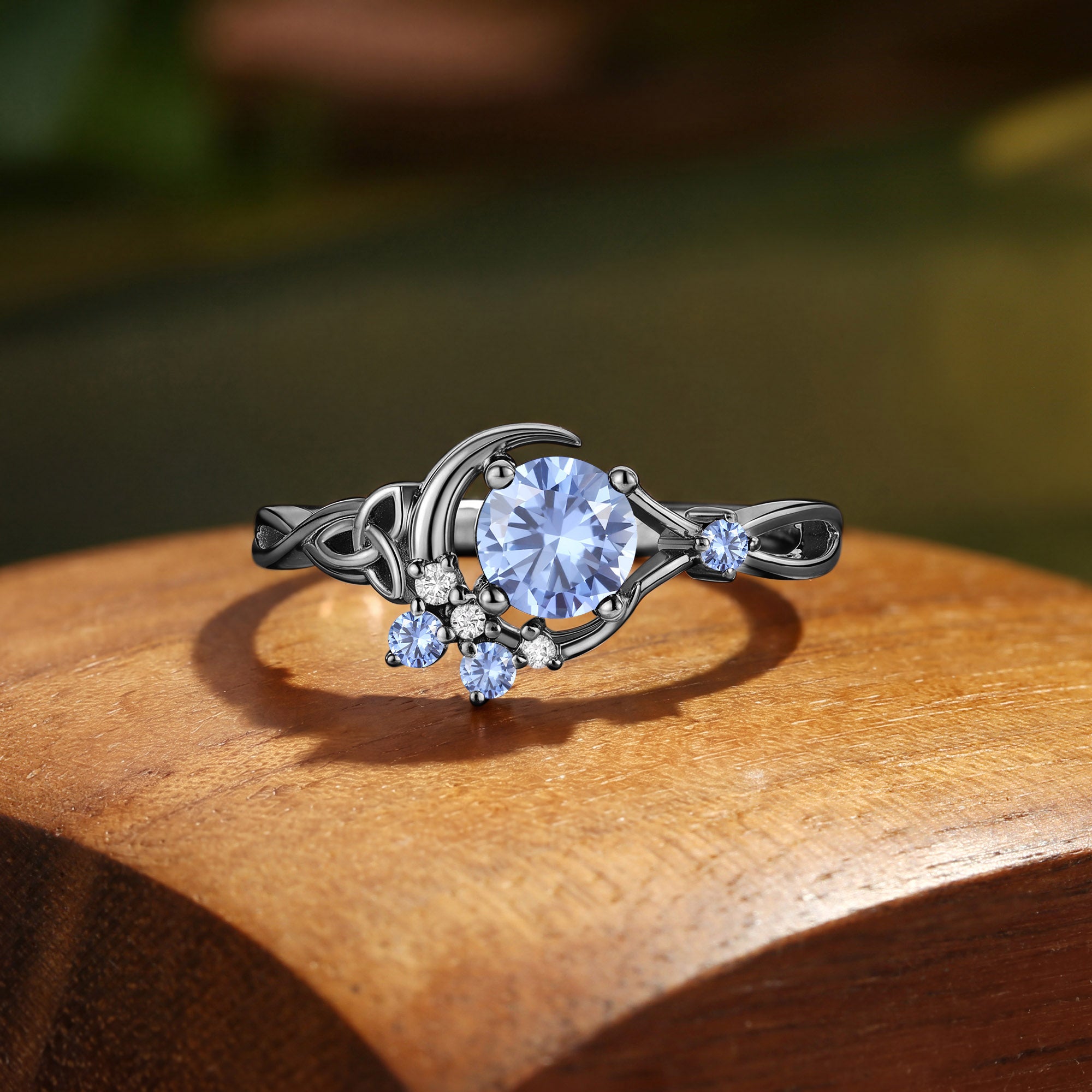 Round Cornflower Sapphire Celtic Knot Moon Engagement Ring - Brigid