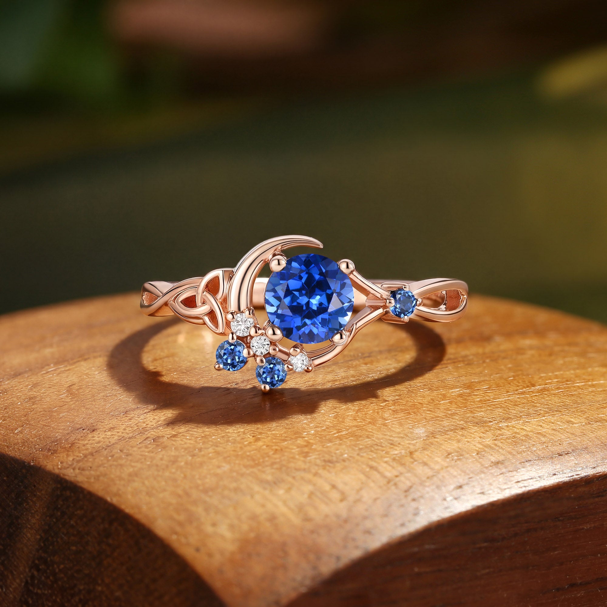 Celtic Knot Crescent Moon Round Cut Sapphire Engagement Ring - Brigid