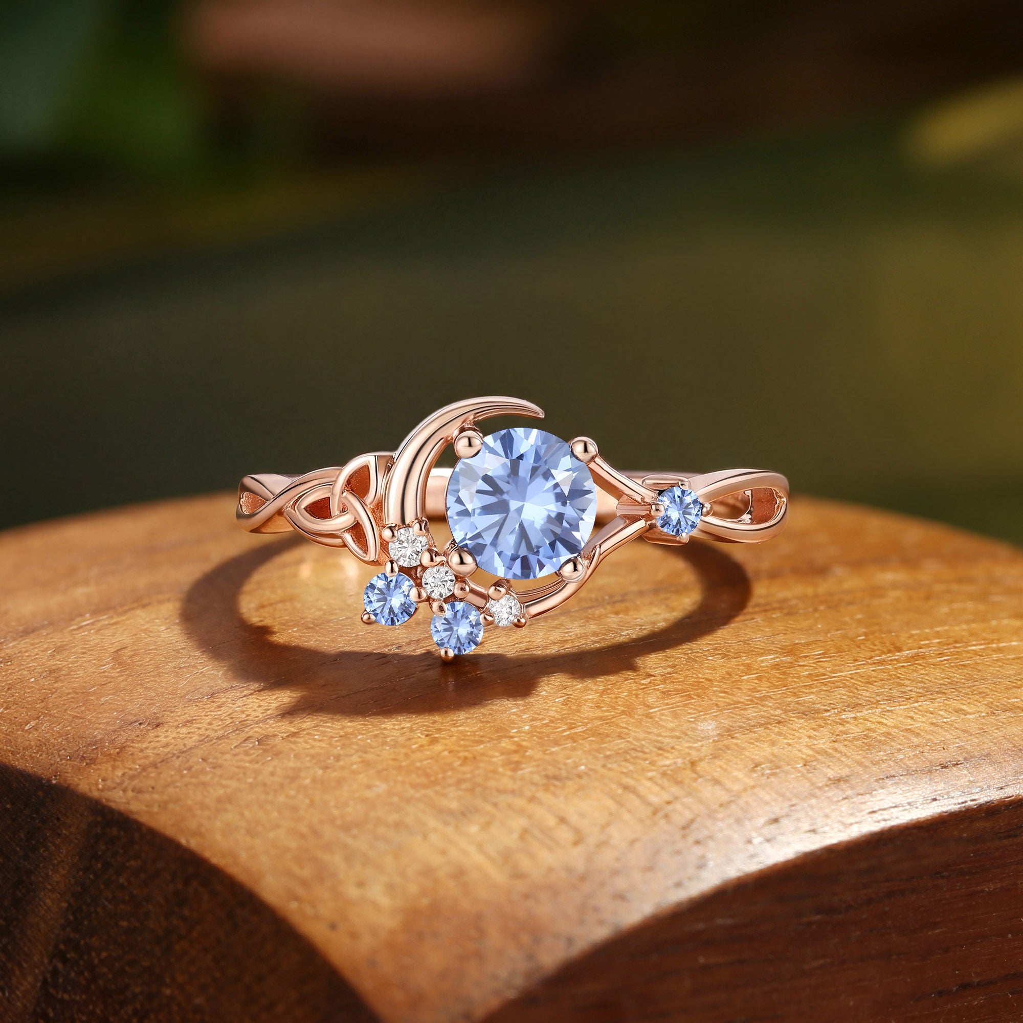 Round Cornflower Sapphire Celtic Knot Moon Engagement Ring - Brigid