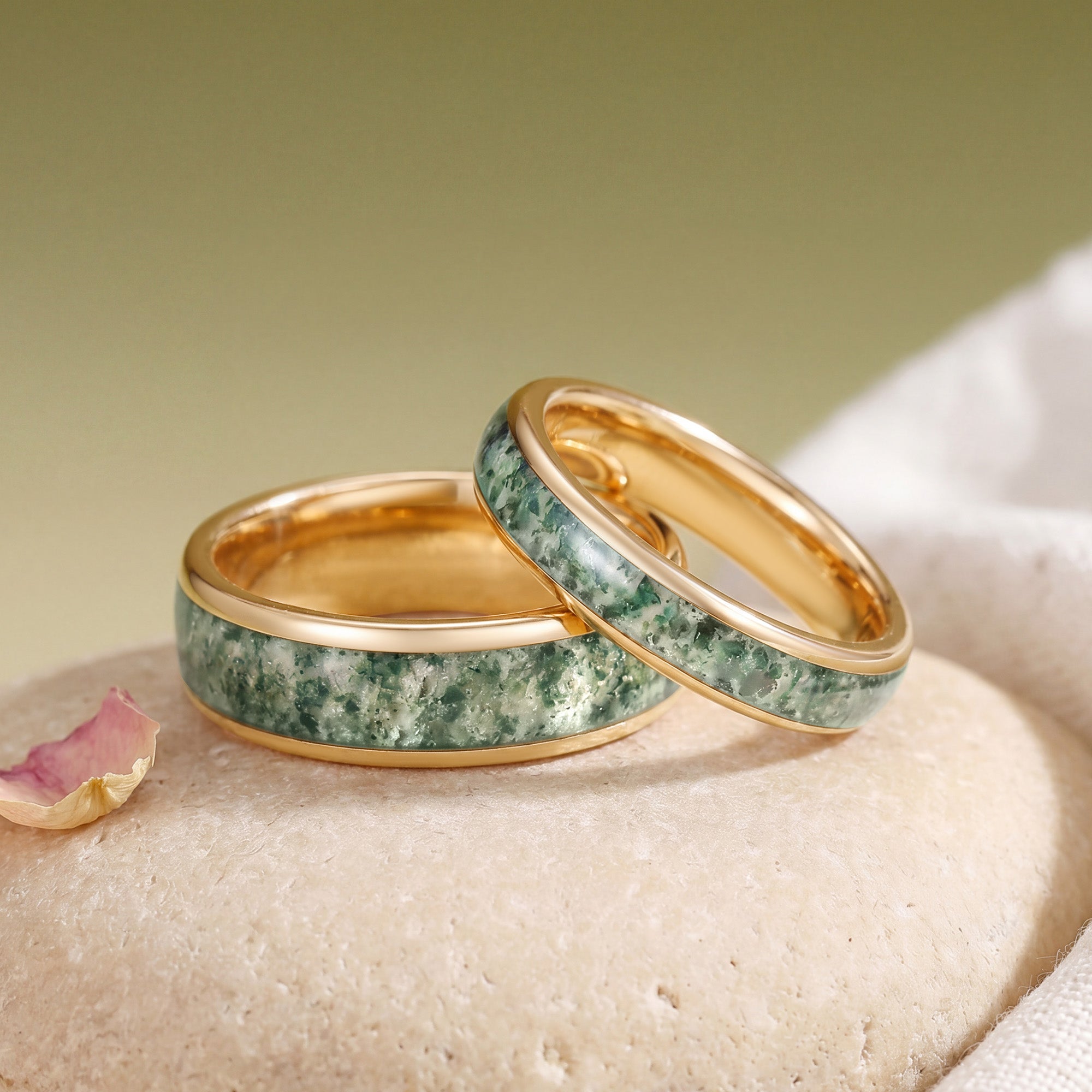 Moss Agate Inlay Promise Couple Wedding Ring