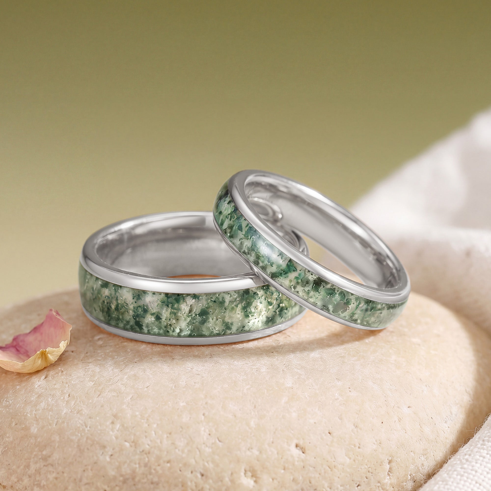 Moss Agate Inlay Promise Couple Wedding Ring