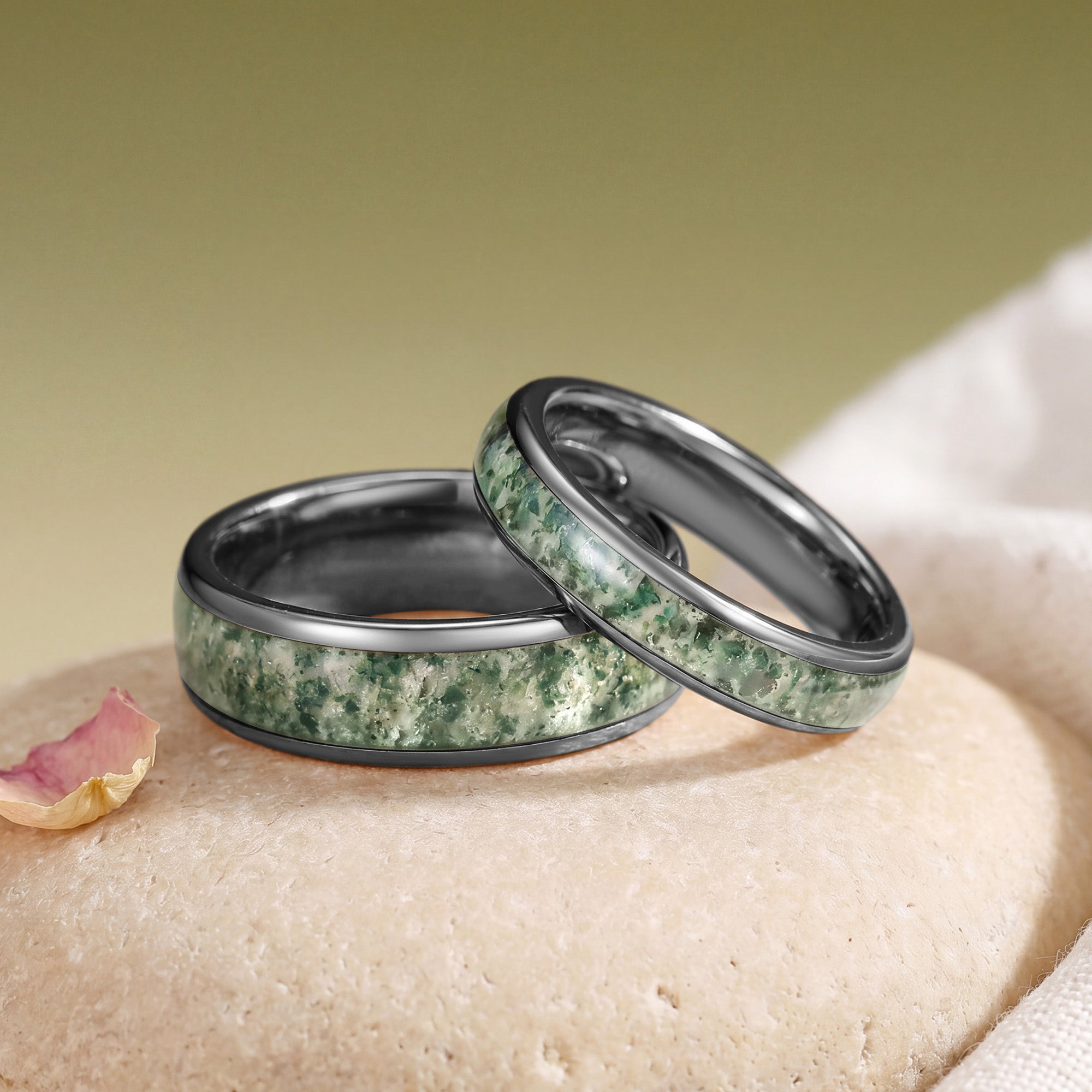 Moss Agate Inlay Promise Couple Wedding Ring