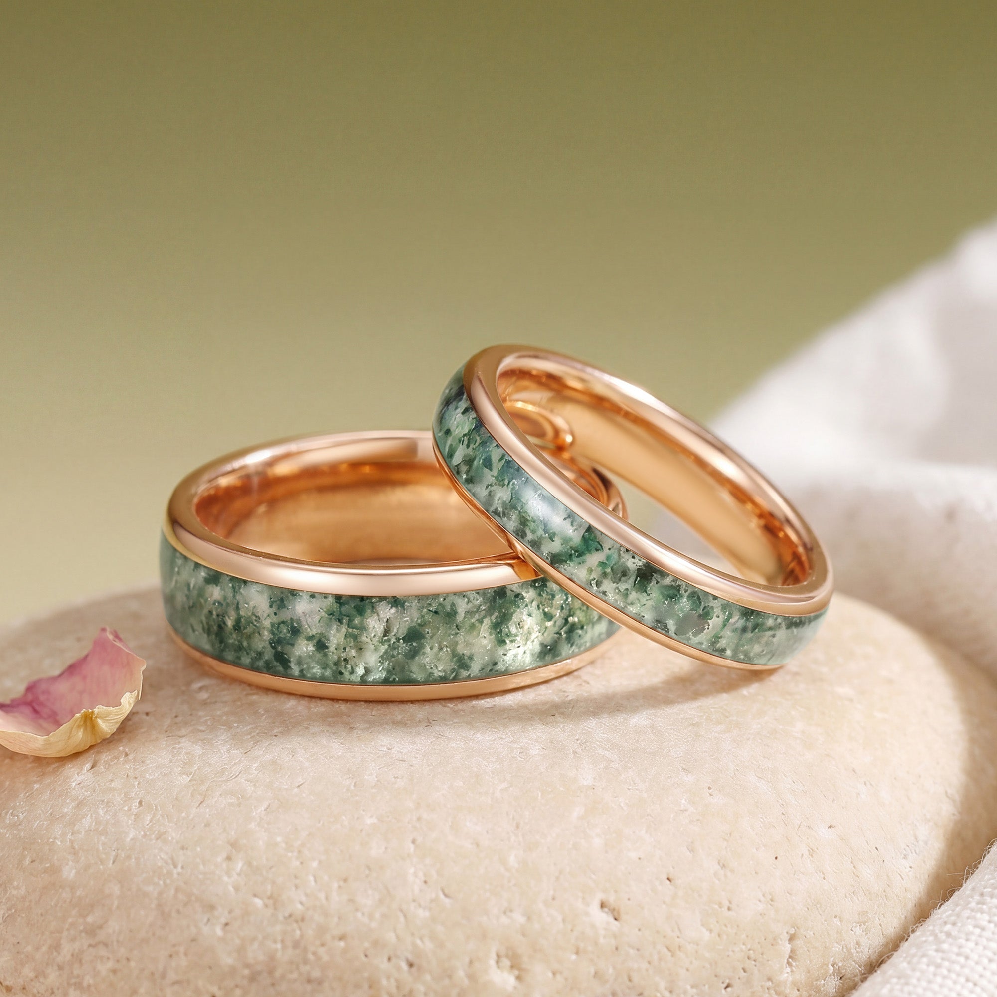 Moss Agate Inlay Promise Couple Wedding Ring