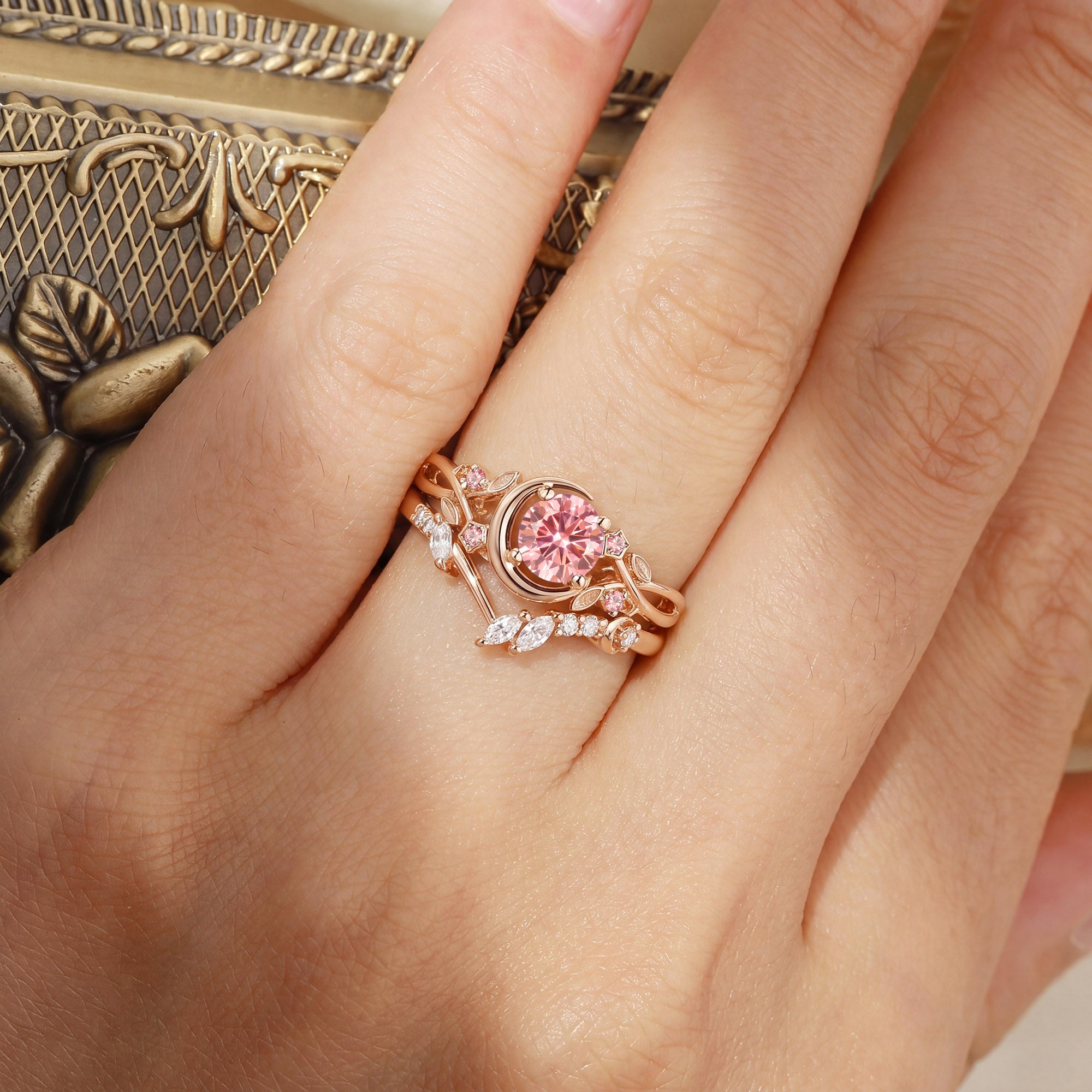 Crescent Moon Twisted Round Cut Pink Sapphire Bridal Set 2pcs - Noreen