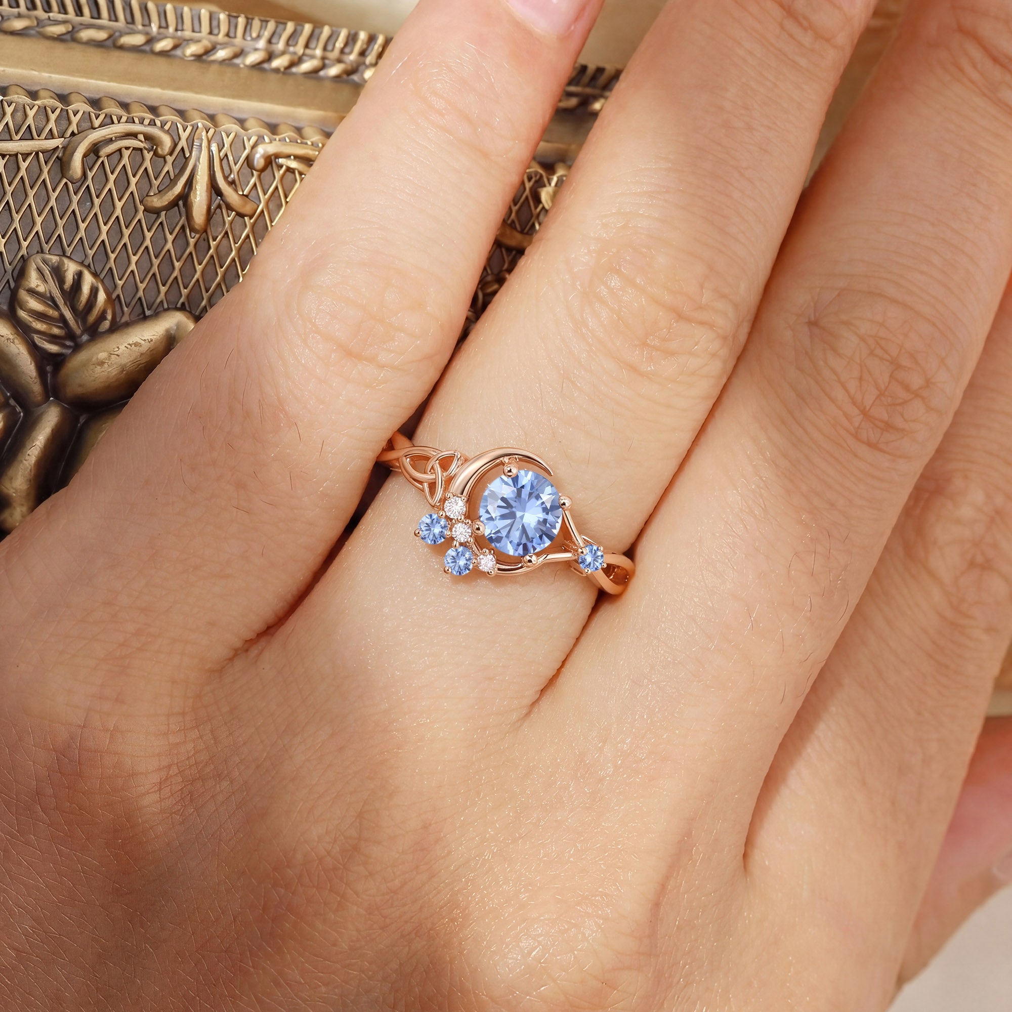 Round Cornflower Sapphire Celtic Knot Moon Engagement Ring - Brigid