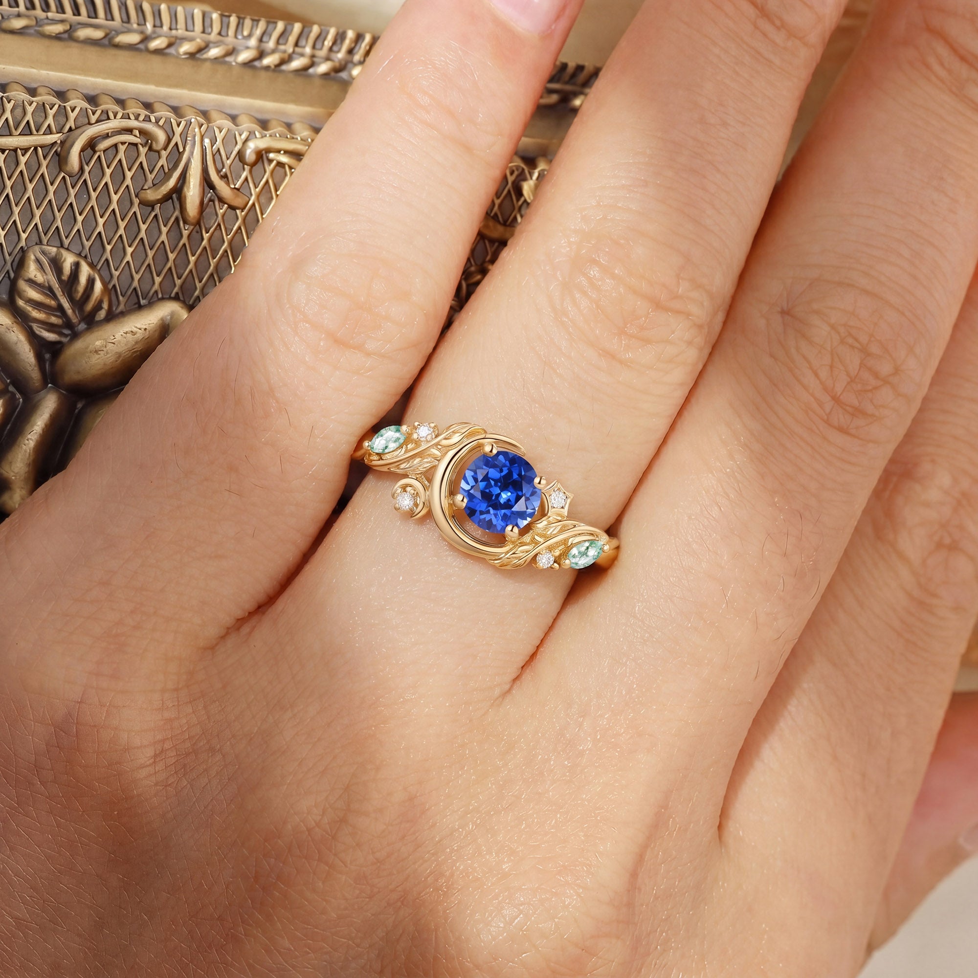 Crescent Moon & Botanical Leaf Round Cut Blue Sapphire Engagement Ring - Sylvaine