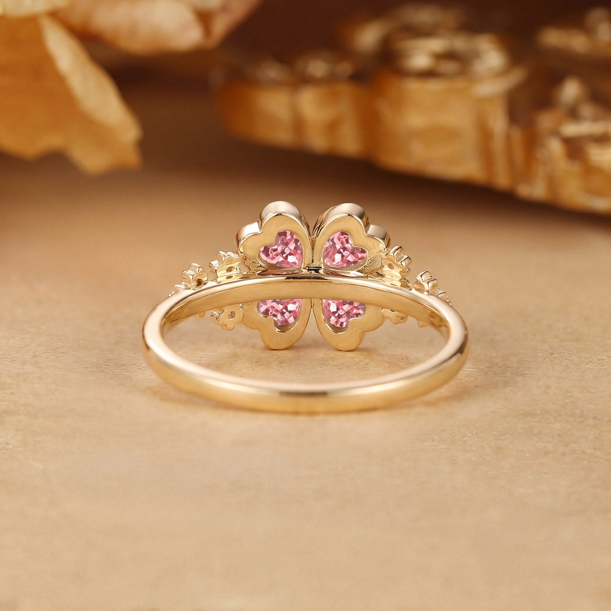 Four Leaf Clover Heart Cut Pink Sapphire Flower Filigree Engagement Ring - Faustine