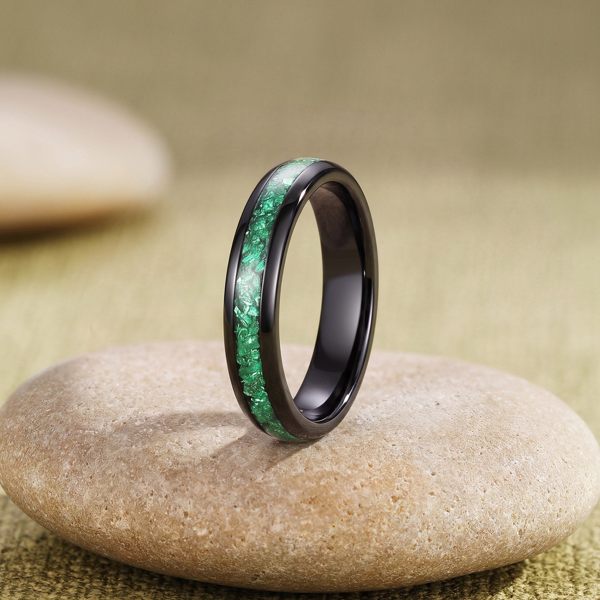 Emerald Green Crushed Tungsten Promise Couple Ring