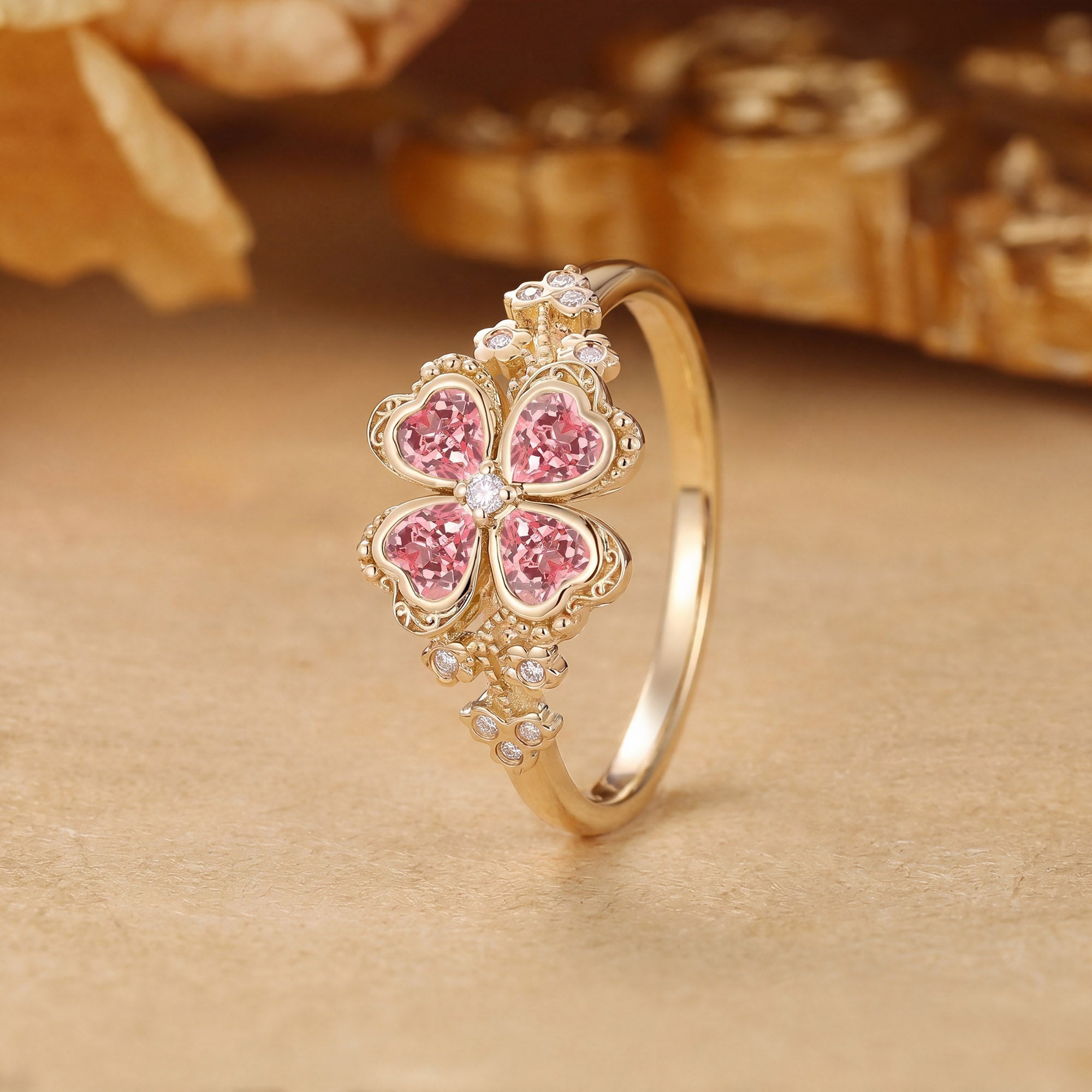 Four Leaf Clover Heart Cut Pink Sapphire Flower Filigree Engagement Ring - Faustine