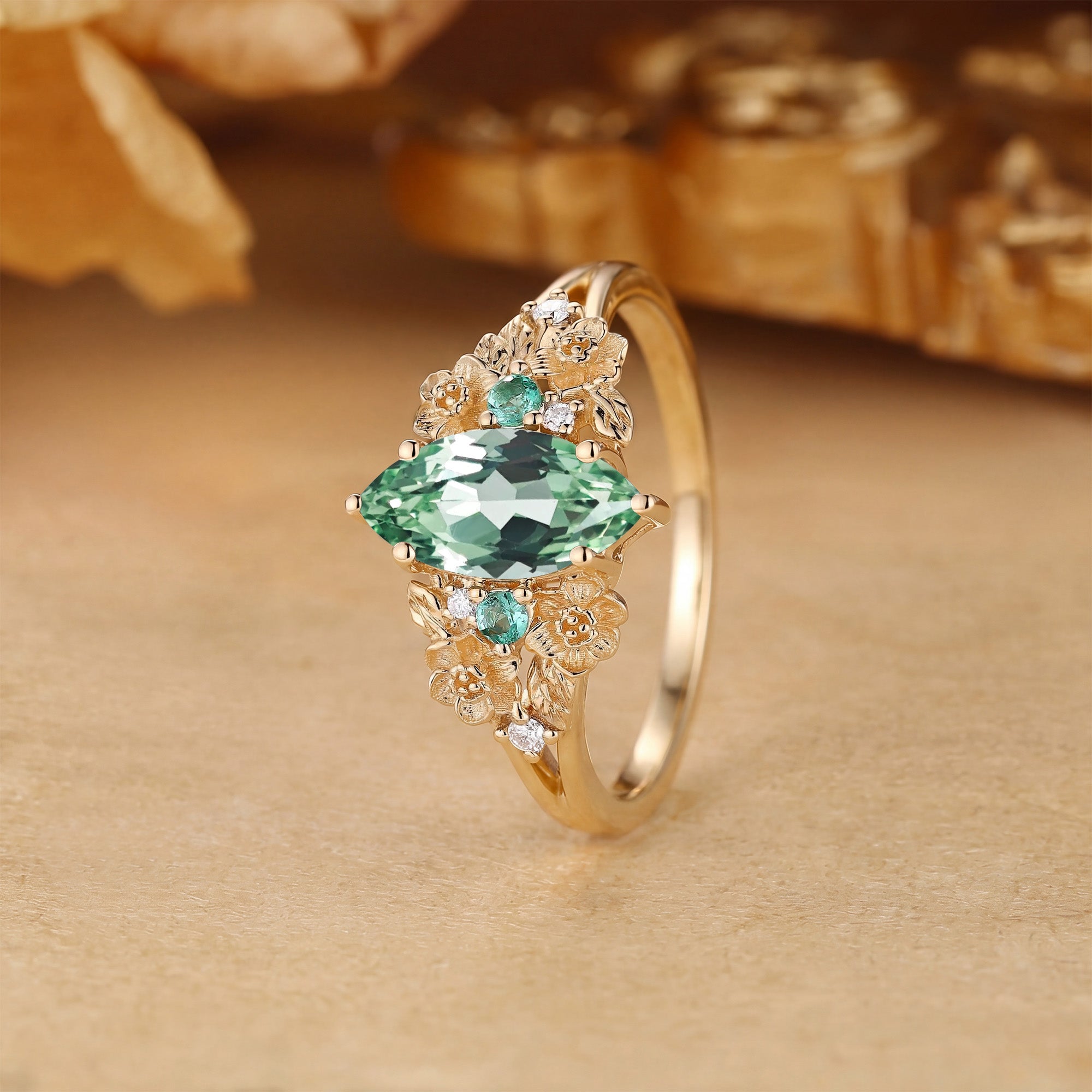 Jessamine - Marquise Lab Green Sapphire Three Stone Flower Engagement Ring