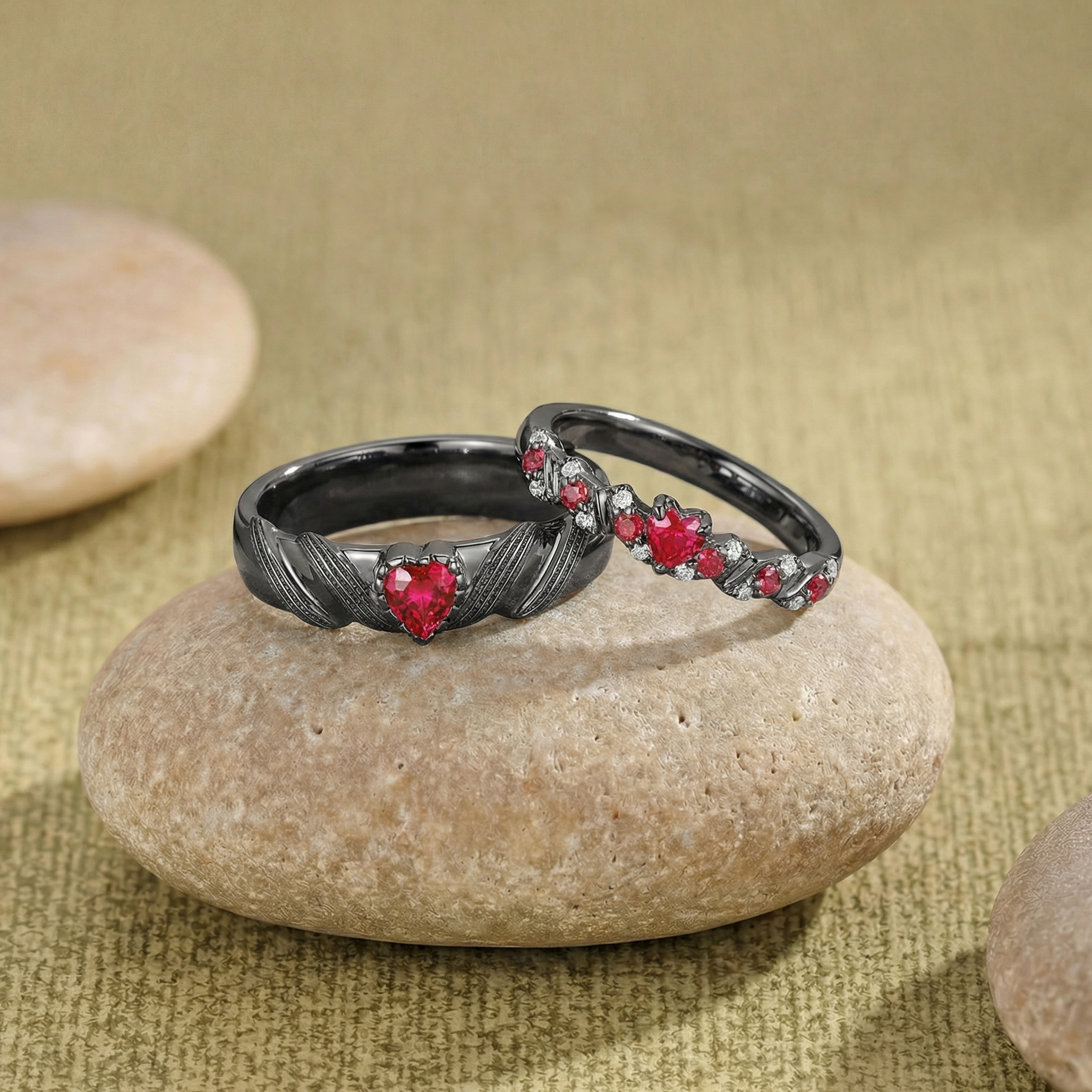 Twisted Gold And Heart Ruby Couple Rings - Mireille