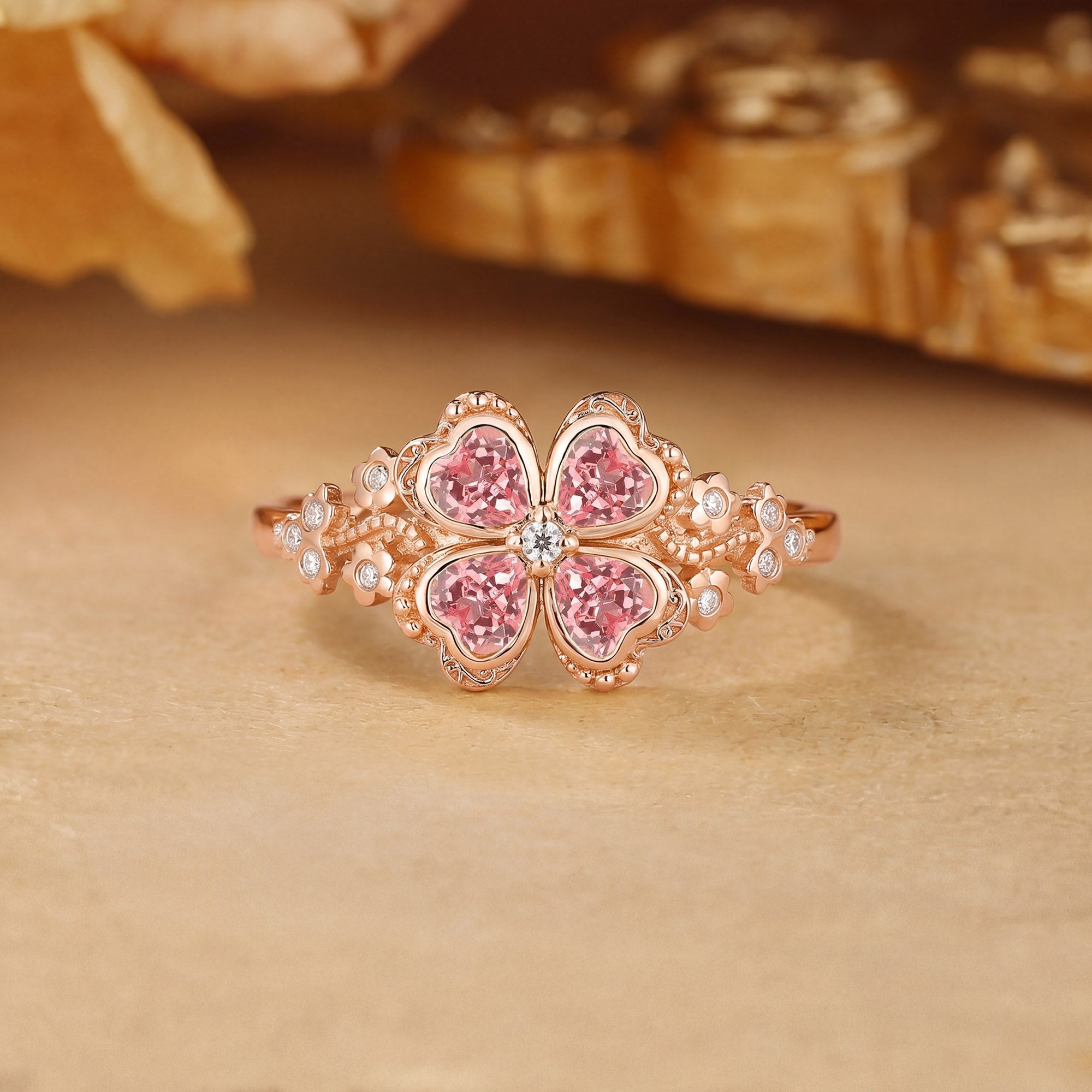 Four Leaf Clover Heart Cut Pink Sapphire Flower Filigree Engagement Ring - Faustine