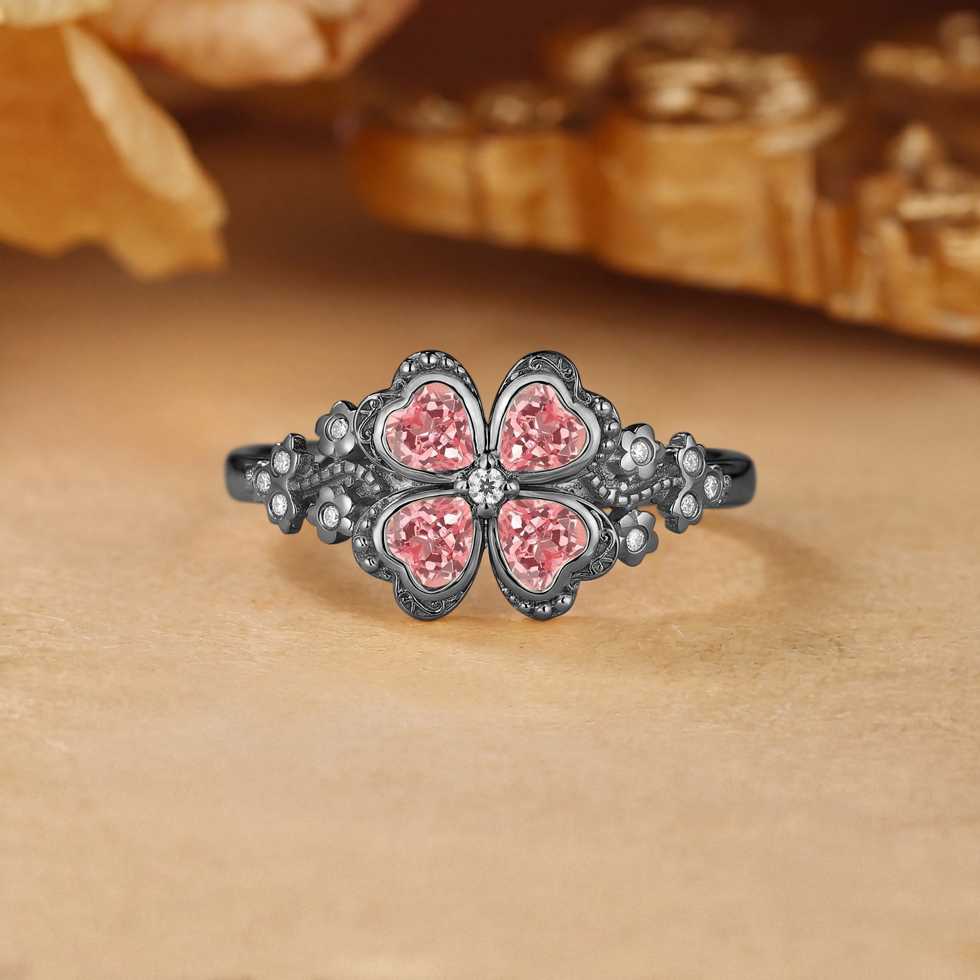 Four Leaf Clover Heart Cut Pink Sapphire Flower Filigree Engagement Ring - Faustine