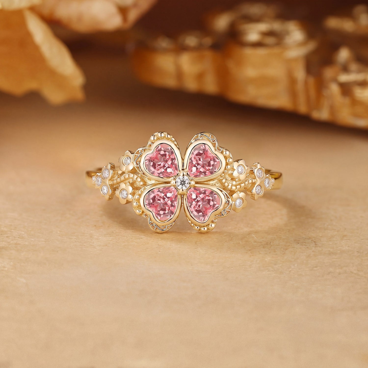 Four Leaf Clover Heart Cut Pink Sapphire Flower Filigree Engagement Ring - Faustine