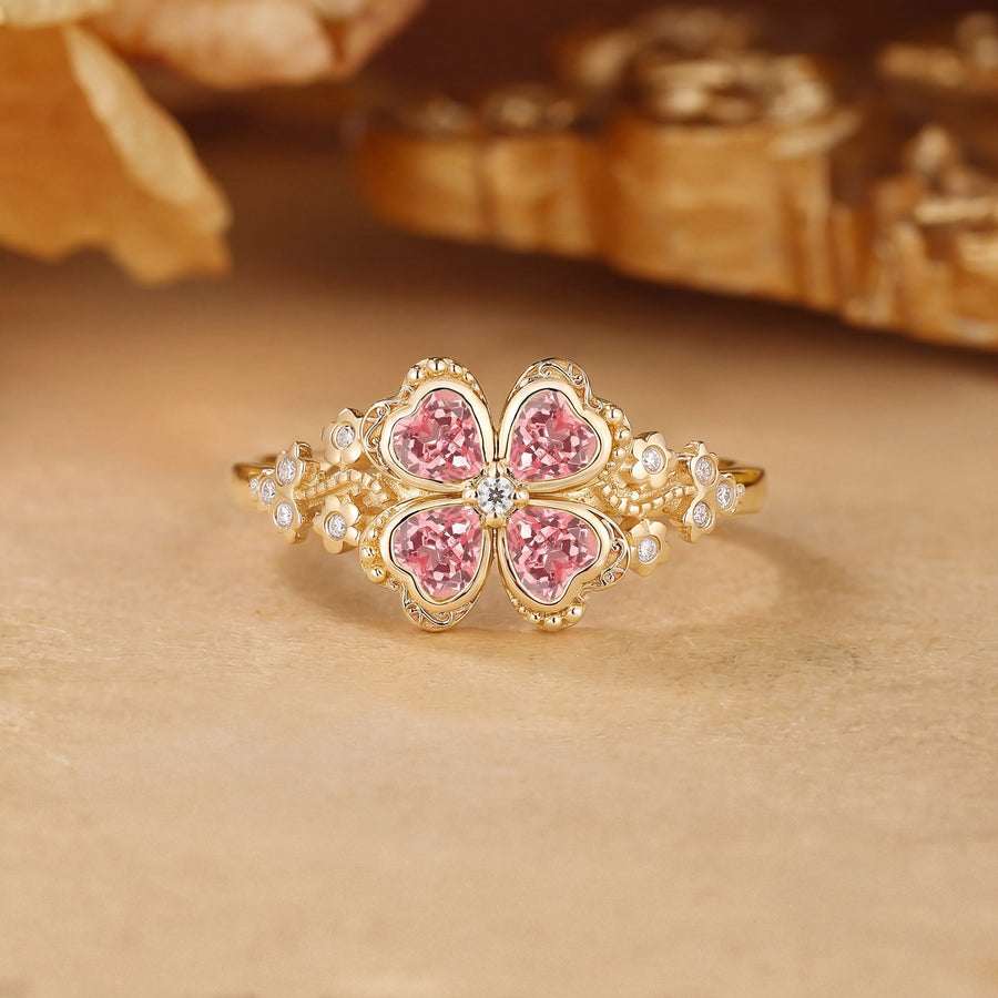 Four Leaf Clover Heart Cut Pink Sapphire Flower Filigree Engagement Ring