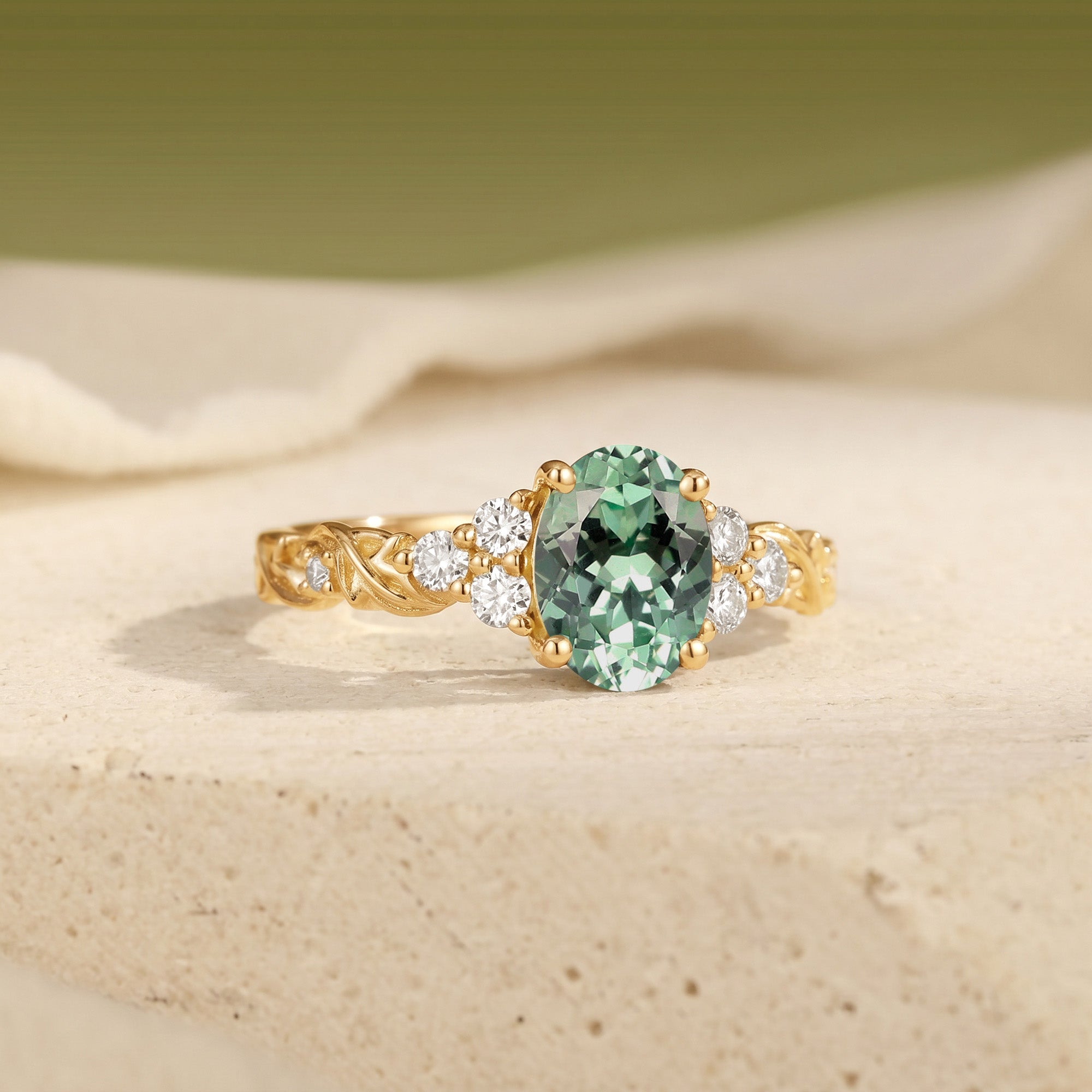 Oval Cut Lab Green Sapphire Twig Leaf Bridal Set 2pcs - Gwyneth