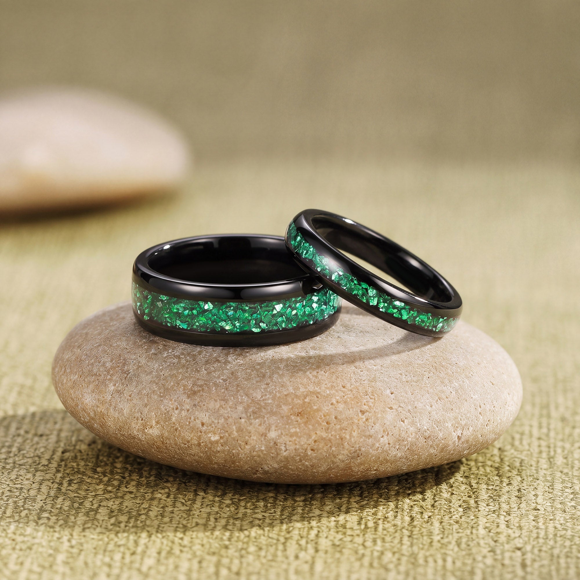 Emerald Green Crushed Tungsten Promise Couple Ring
