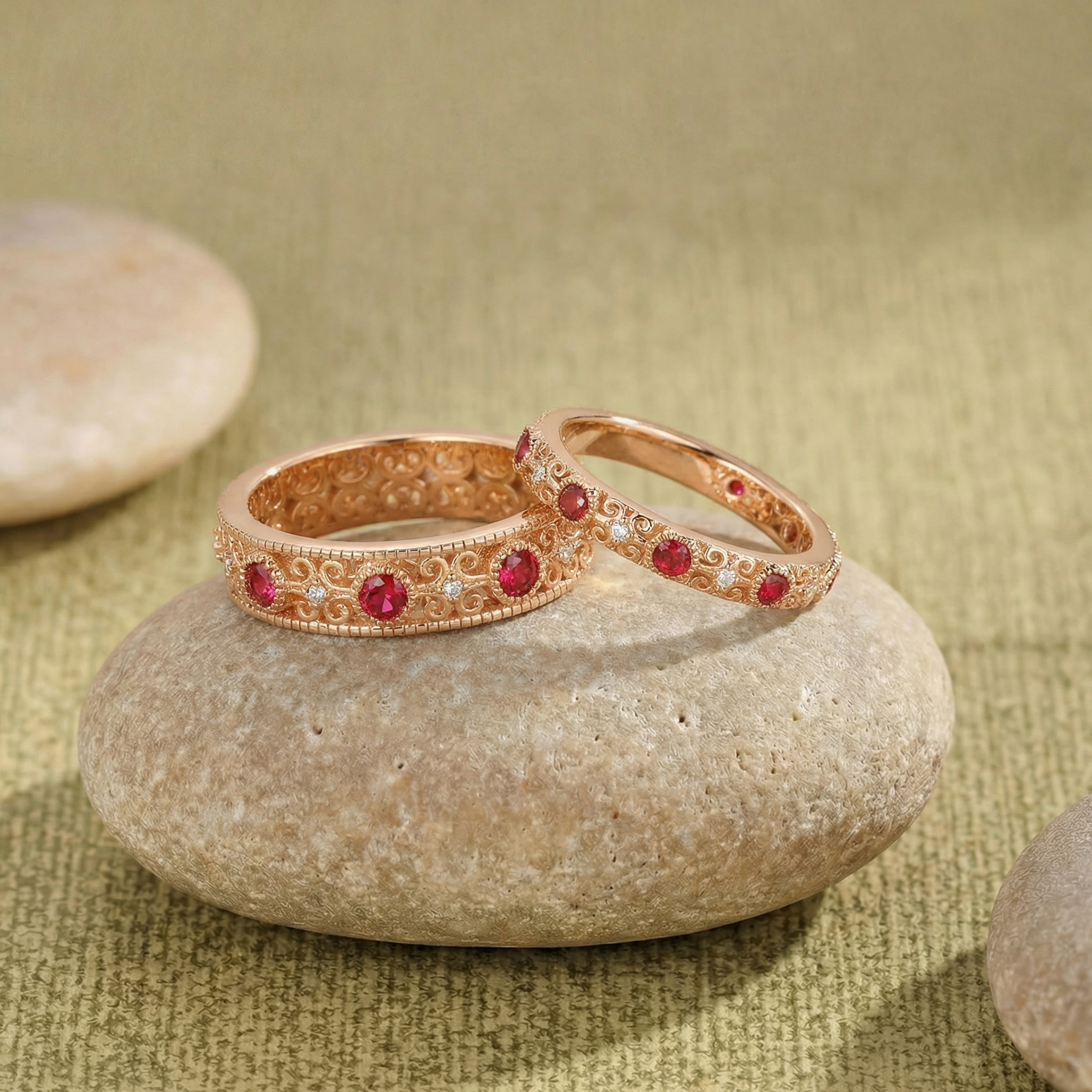 Vintage Filigree Ruby Gold Couple Rings - Rowan
