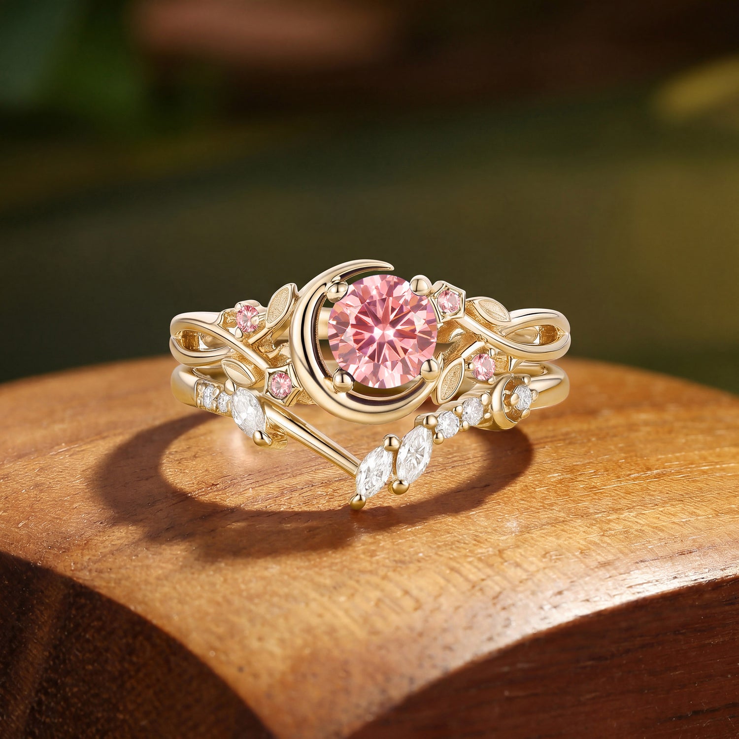 Crescent Moon Twisted Round Cut Pink Sapphire Bridal Set 2pcs - Noreen