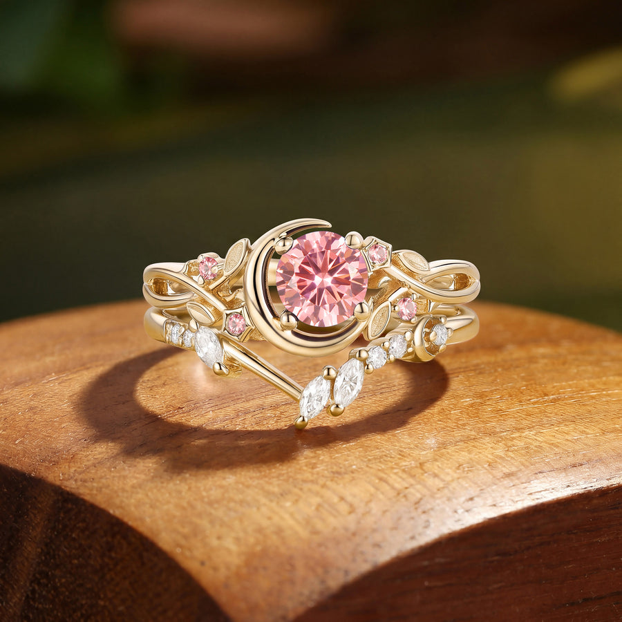 Crescent Moon Twisted Round Cut Pink Sapphire Bridal Set 2pcs
