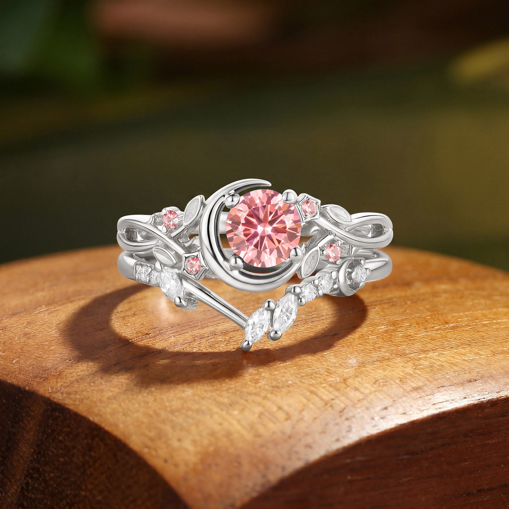 Crescent Moon Twisted Round Cut Pink Sapphire Bridal Set 2pcs - Noreen