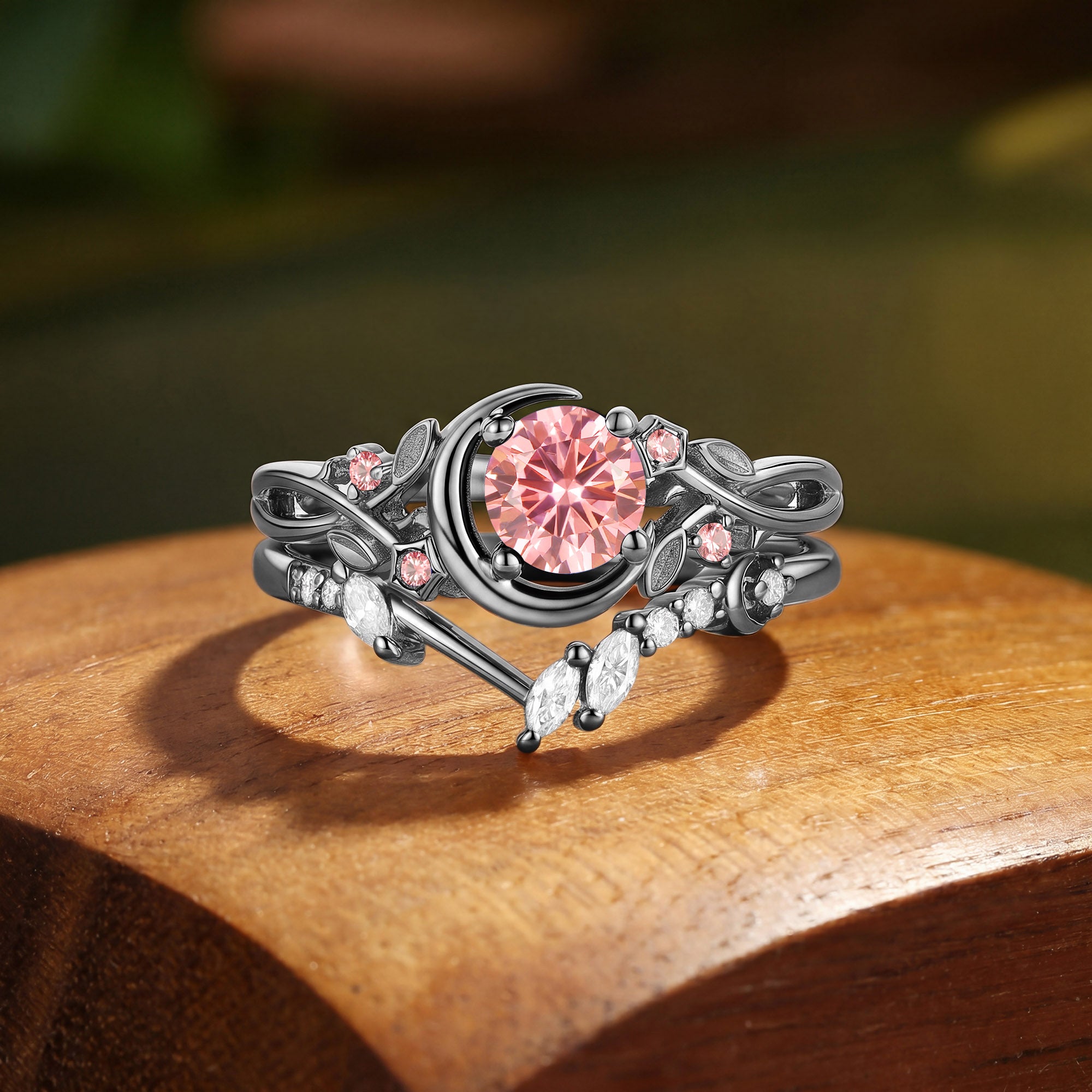 Crescent Moon Twisted Round Cut Pink Sapphire Bridal Set 2pcs - Noreen