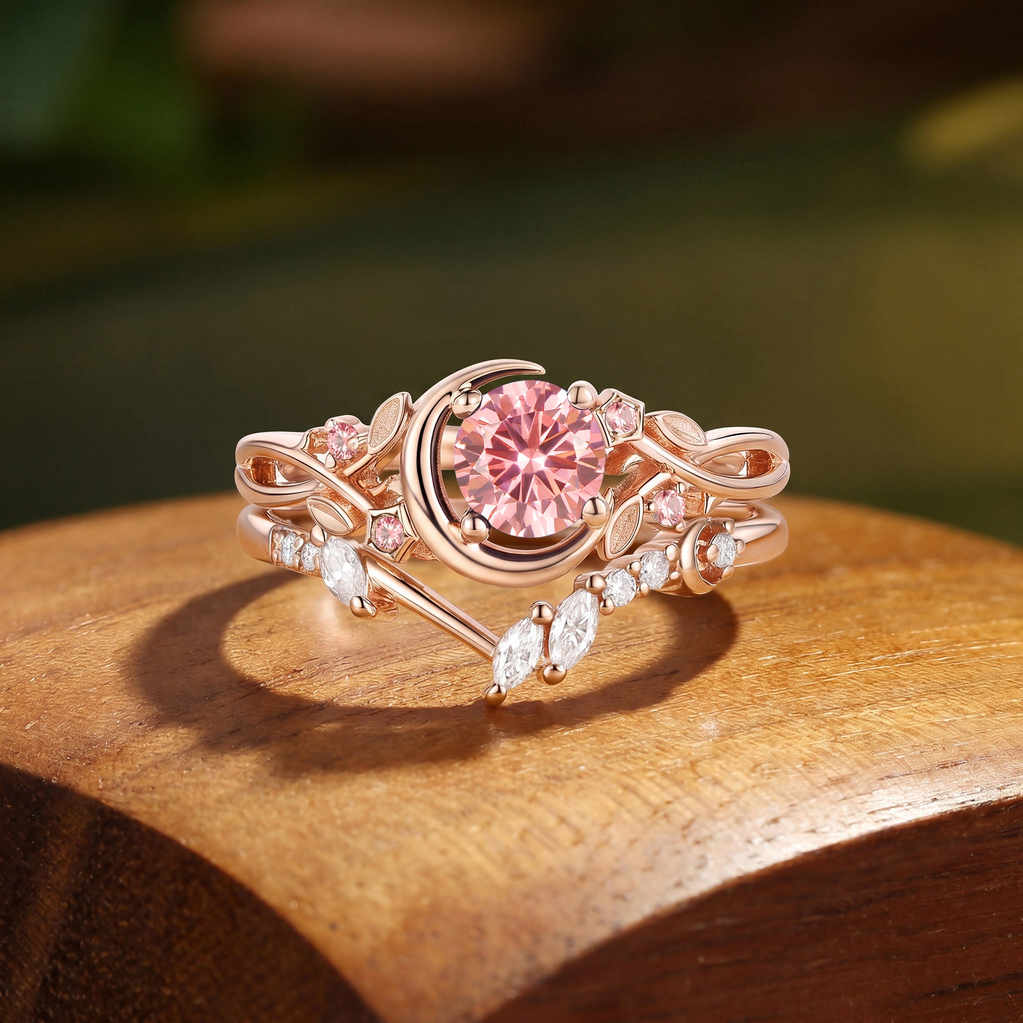Crescent Moon Twisted Round Cut Pink Sapphire Bridal Set 2pcs - Noreen