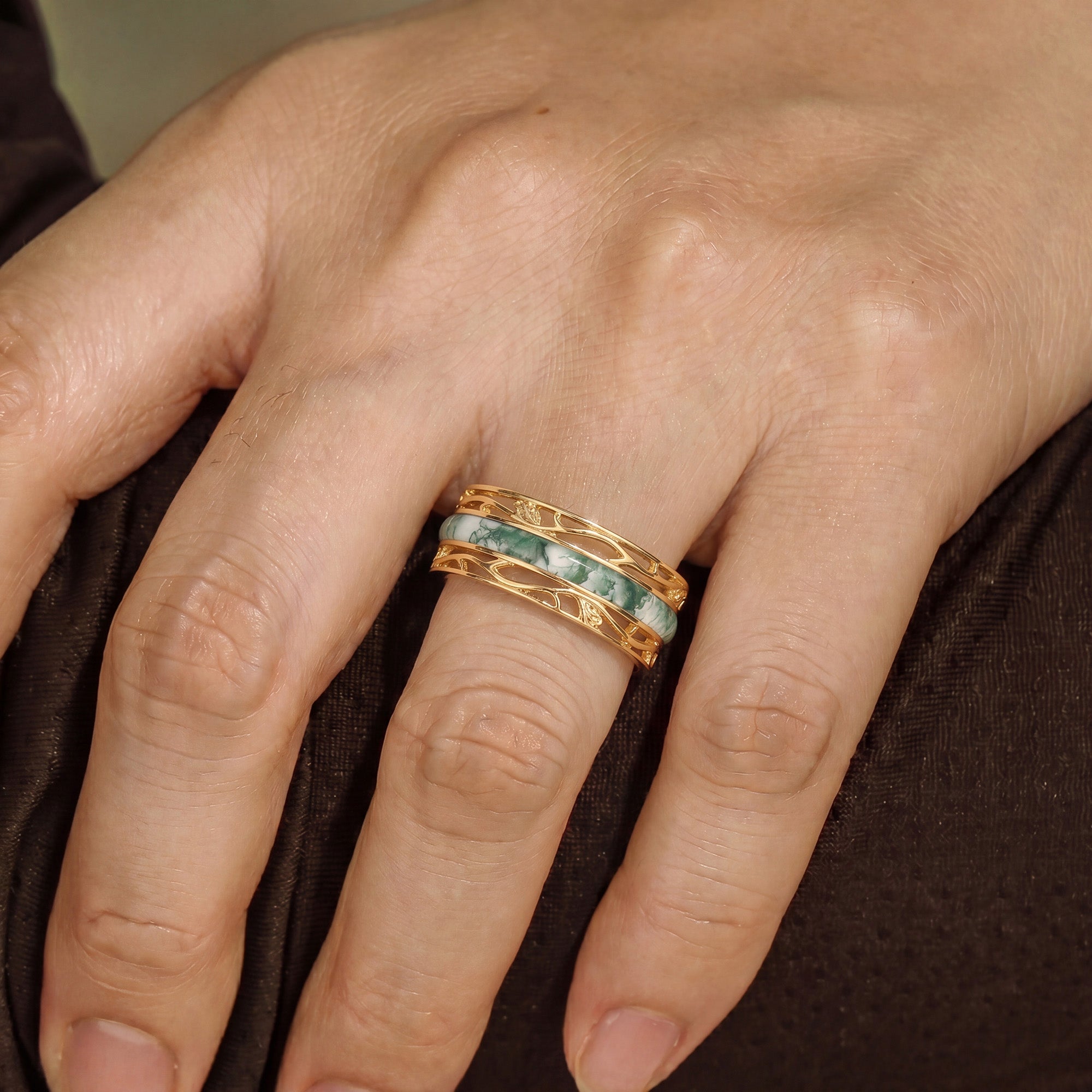 7MM Moss Agate Leaf Vine Branch Men‘s Ring