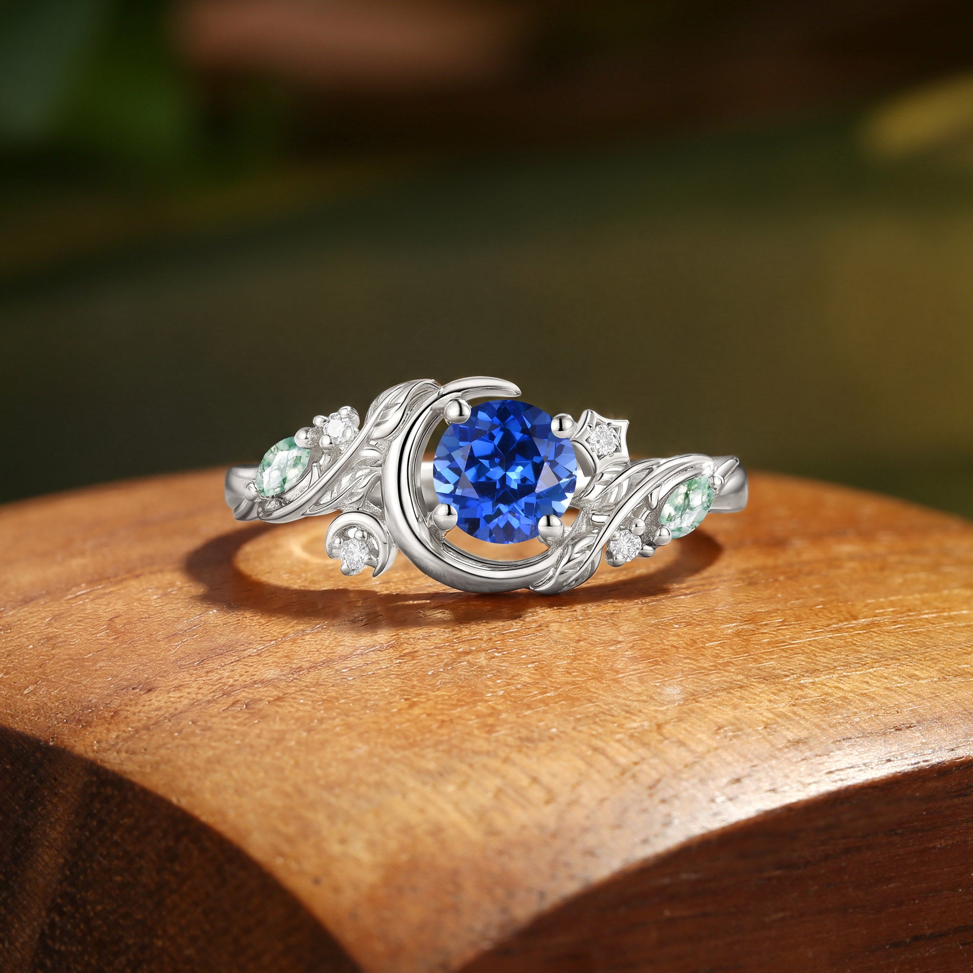 Crescent Moon & Botanical Leaf Round Cut Blue Sapphire Engagement Ring - Sylvaine