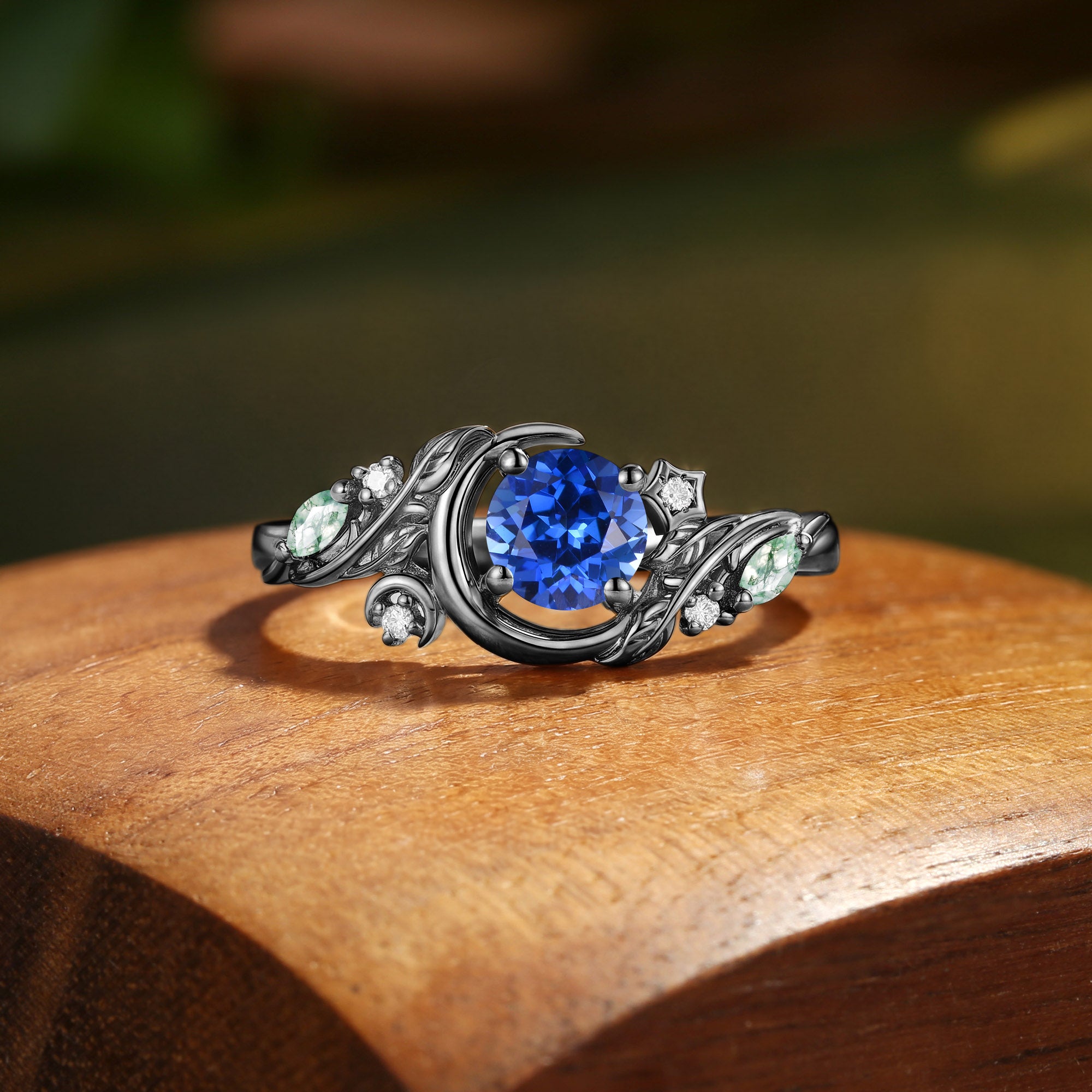 Crescent Moon & Botanical Leaf Round Cut Blue Sapphire Engagement Ring - Sylvaine