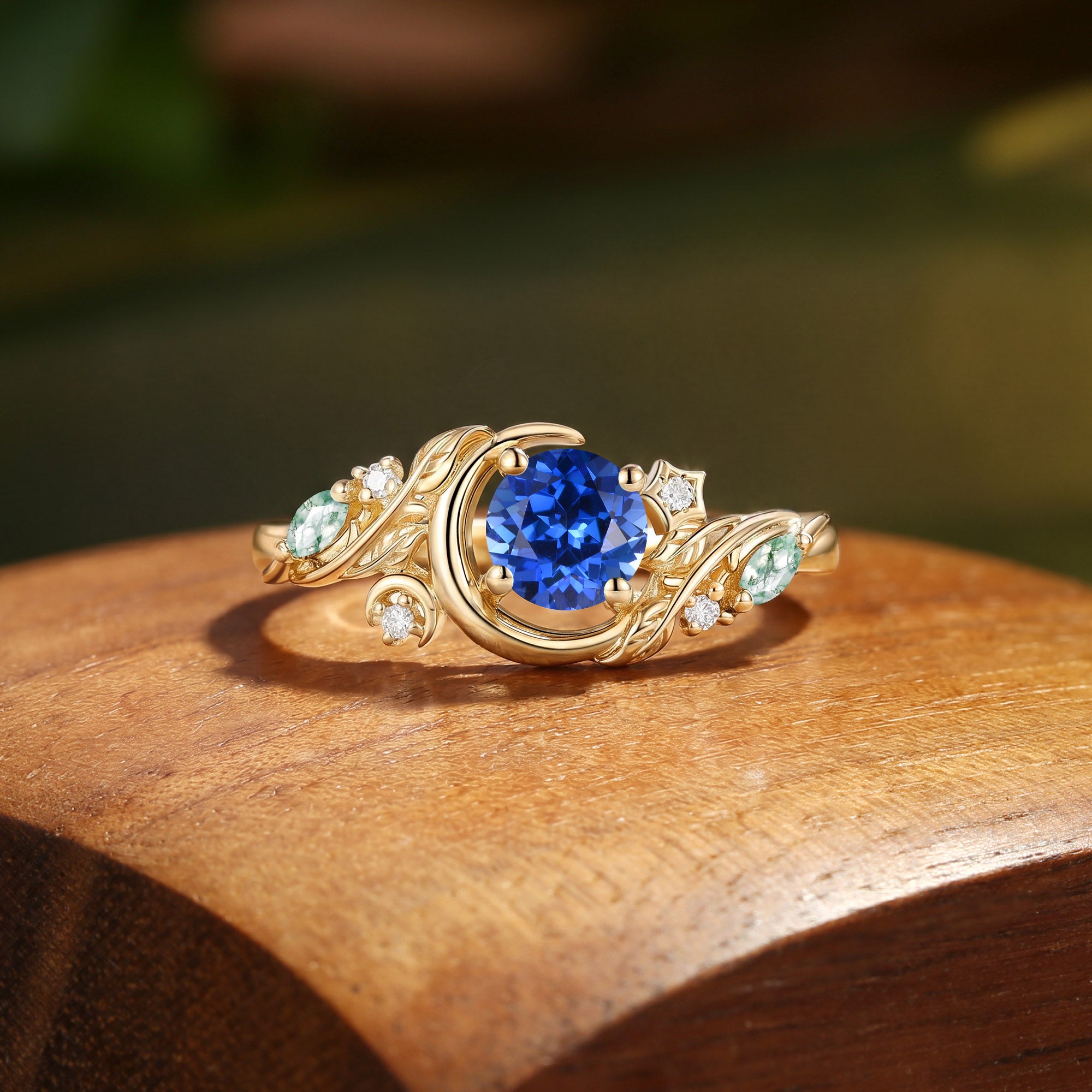 Sylvaine - Crescent Moon & Botanical Leaf Round Cut Blue Sapphire Engagement Ring