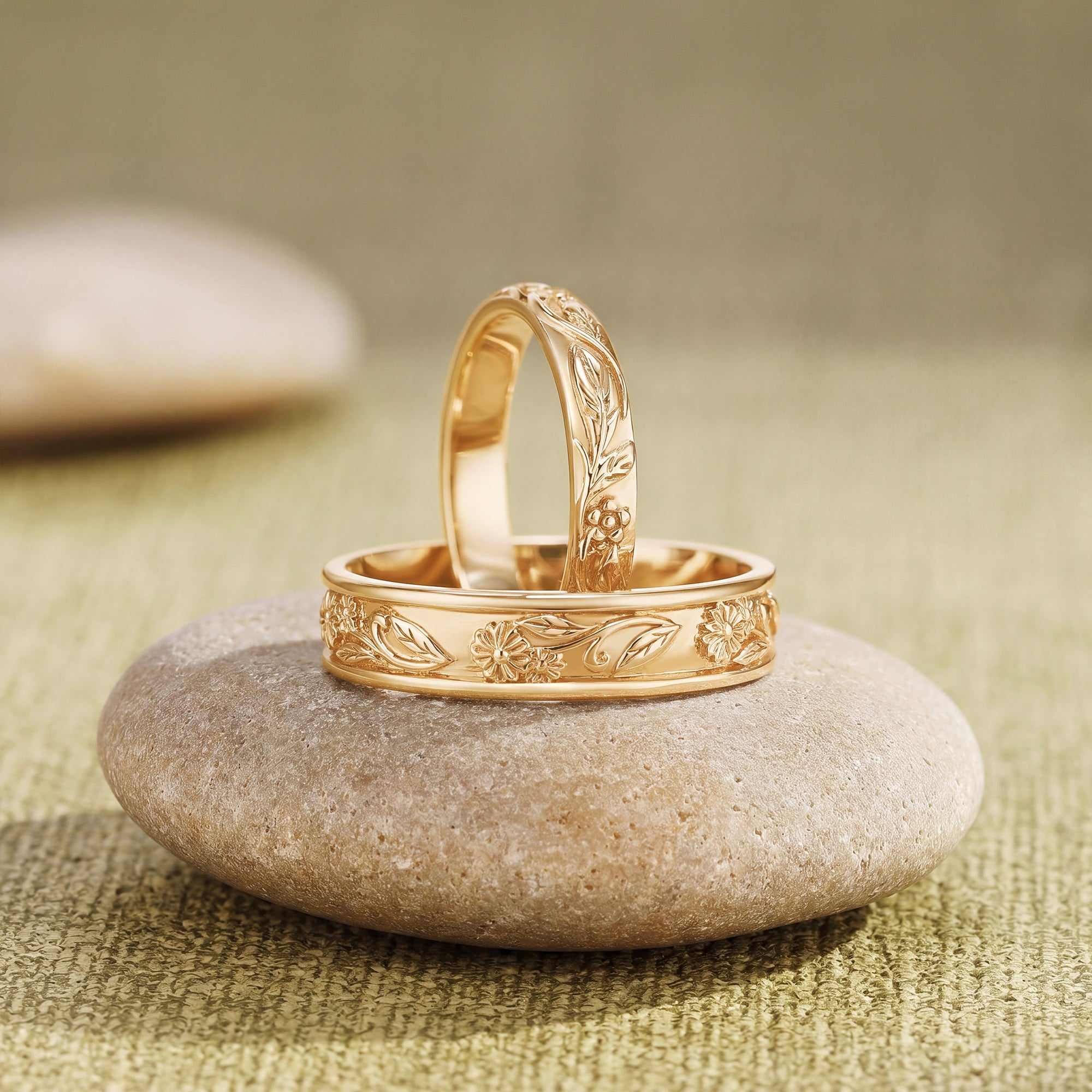 Birth Flower Engraved Leaf Promise Anniversary Couple Rings - Adelina