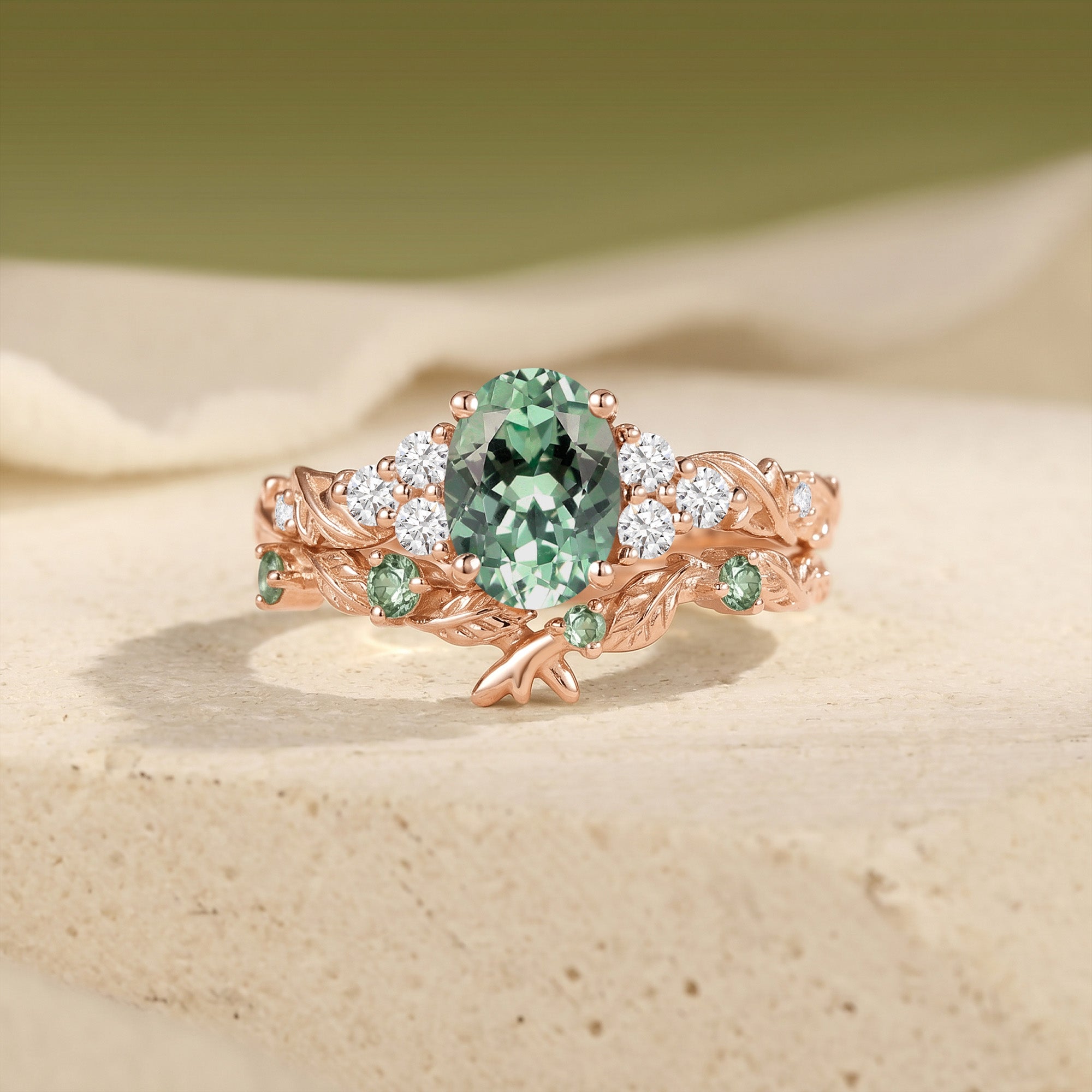 Oval Cut Lab Green Sapphire Twig Leaf Bridal Set 2pcs - Gwyneth