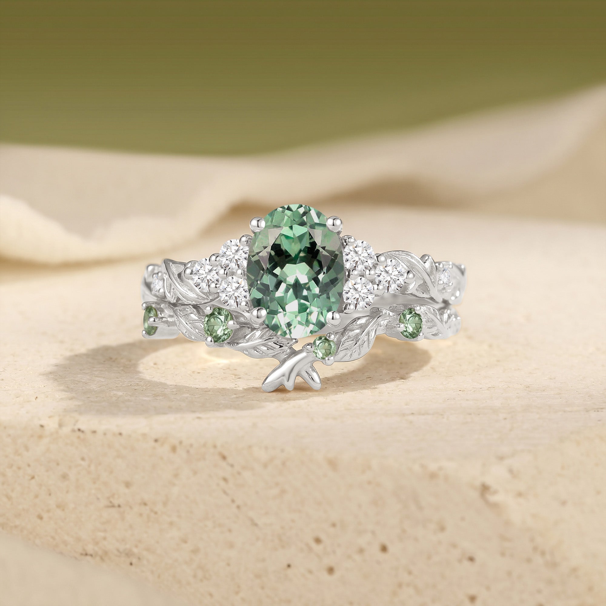Oval Cut Lab Green Sapphire Twig Leaf Bridal Set 2pcs - Gwyneth