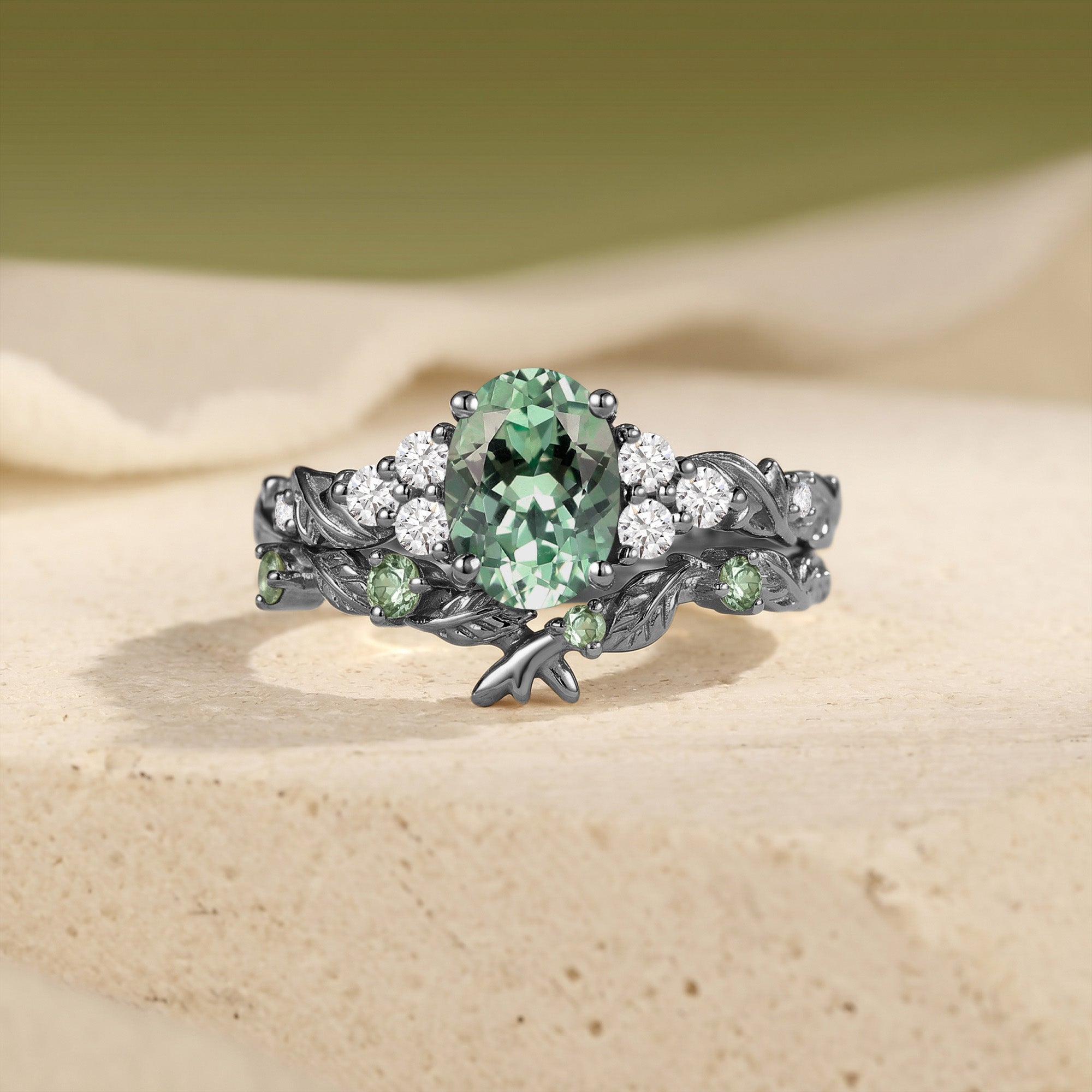 Oval Cut Lab Green Sapphire Twig Leaf Bridal Set 2pcs - Gwyneth