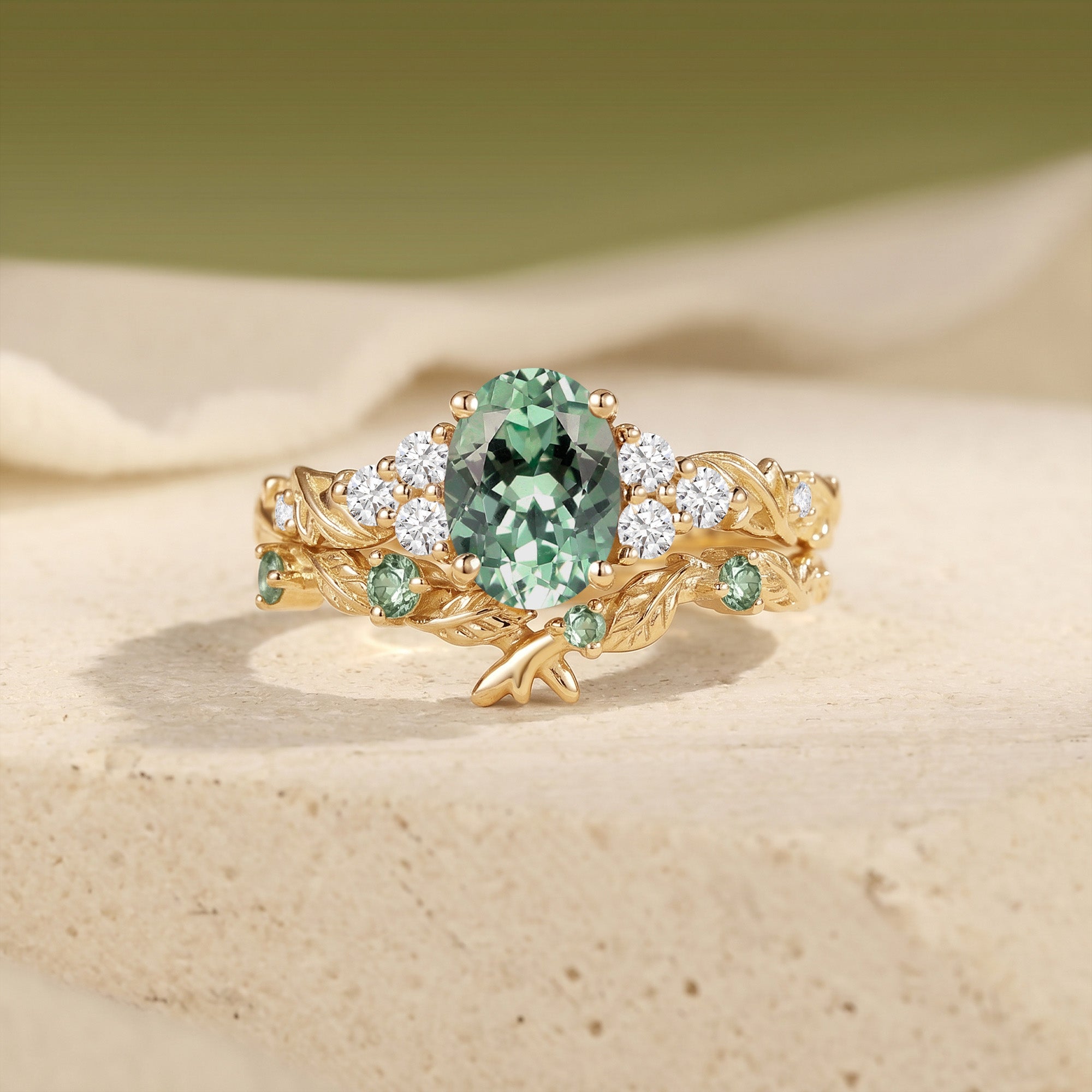 Oval Cut Lab Green Sapphire Twig Leaf Bridal Set 2pcs - Gwyneth