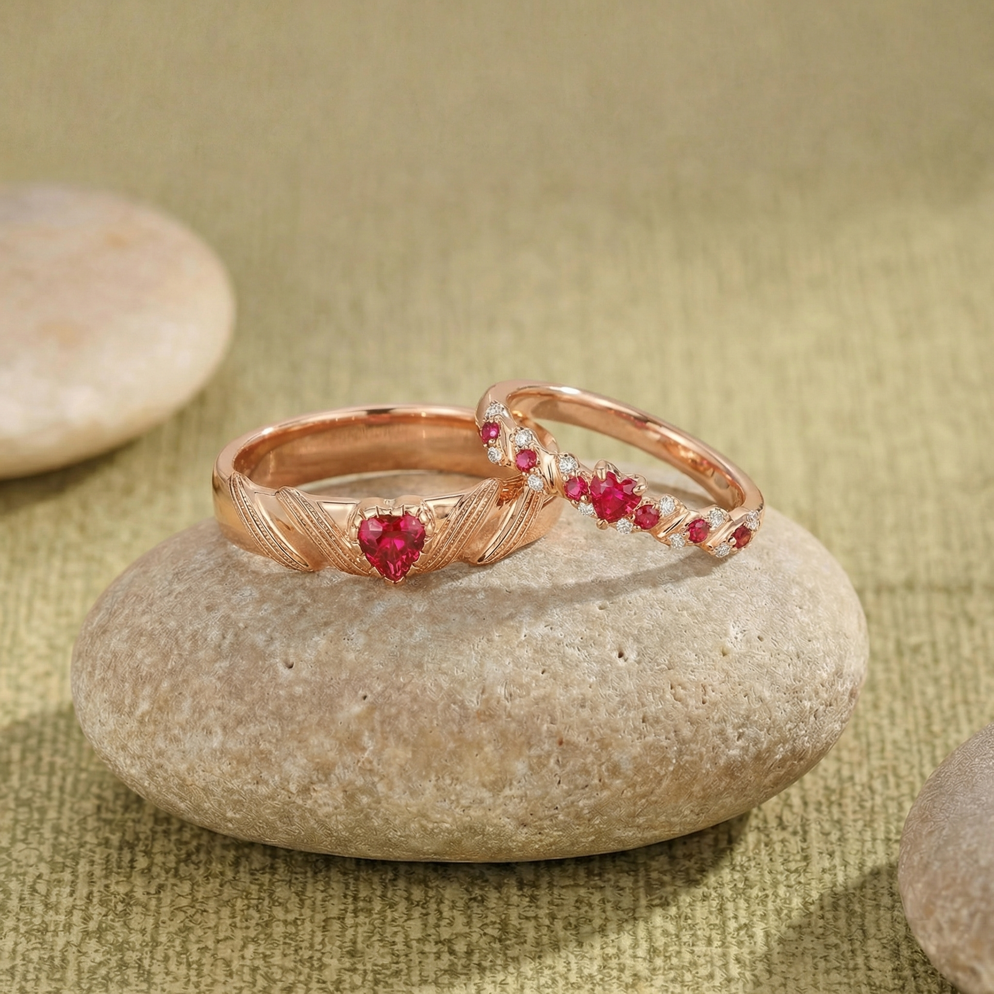 Twisted Gold And Heart Ruby Couple Rings - Mireille