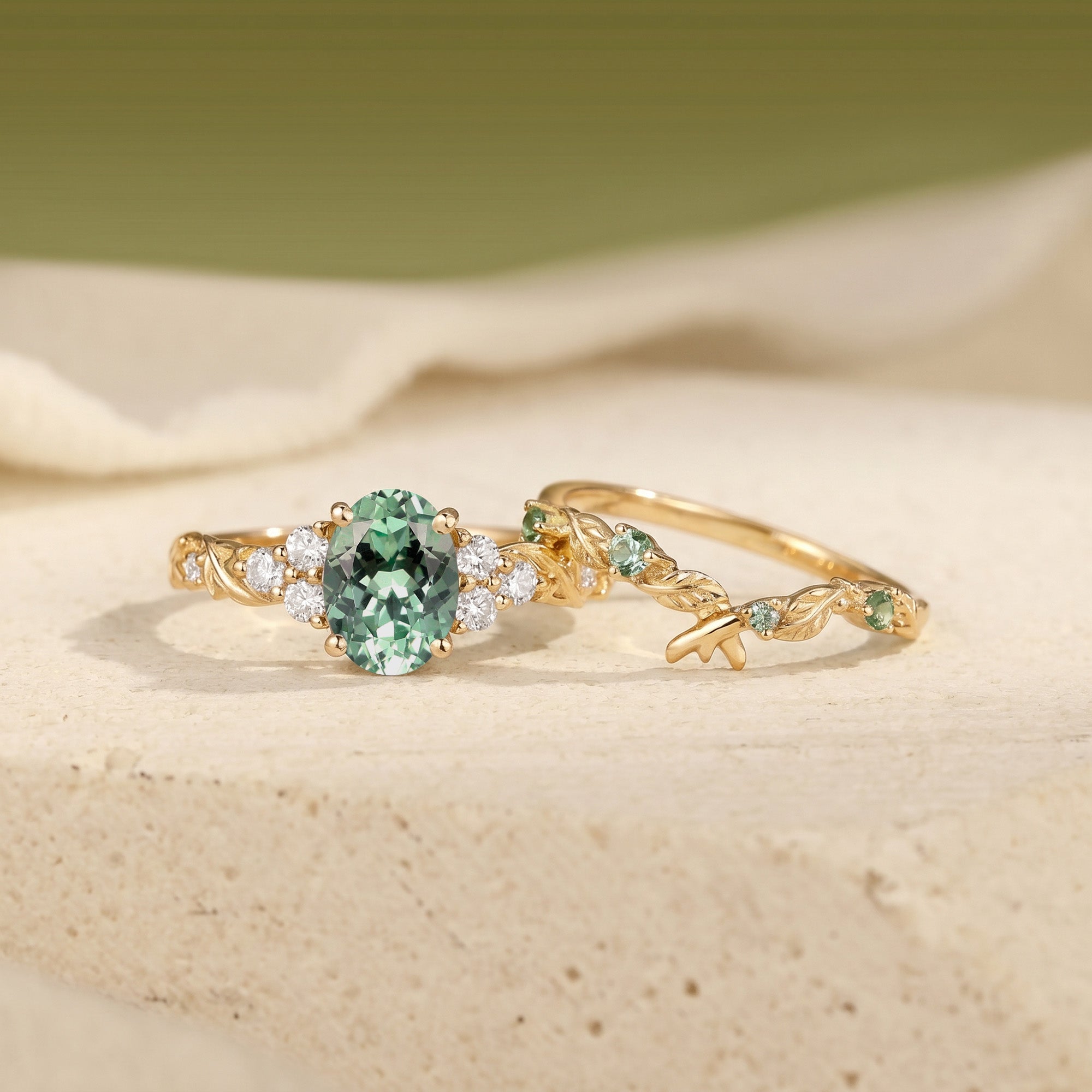Oval Cut Lab Green Sapphire Twig Leaf Bridal Set 2pcs - Gwyneth