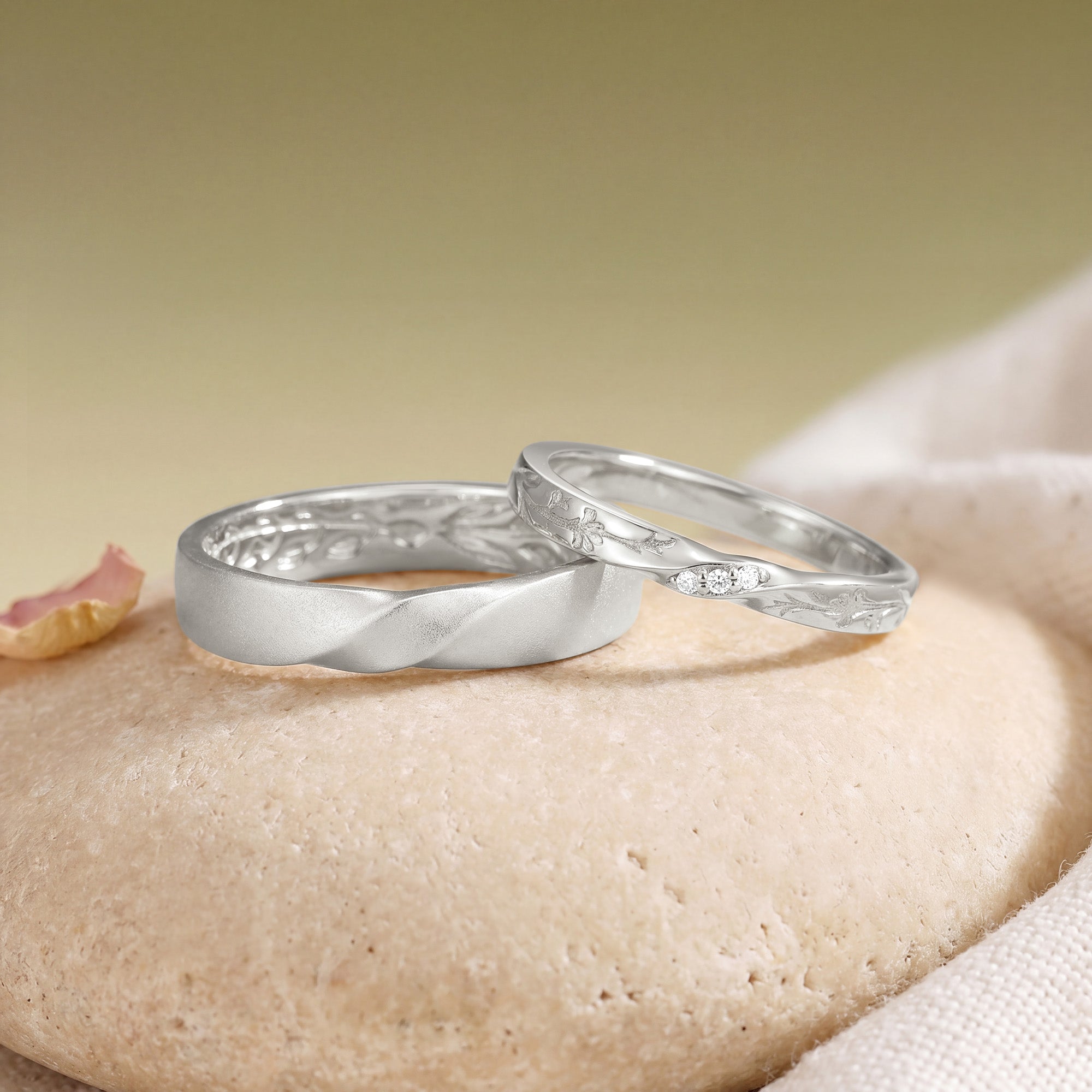Vintage Twist Matte Floral Vine Moissanite Promise Anniversary Couple Rings - Aimee
